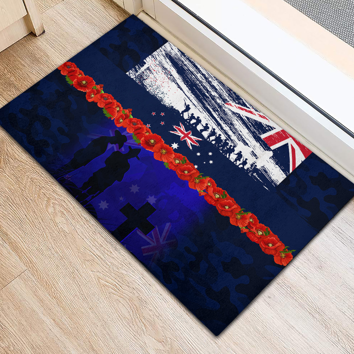 New Zealand and Australia ANZAC Day Rubber Doormat Lest We Forget Red Poppy Flowers and Soldier
