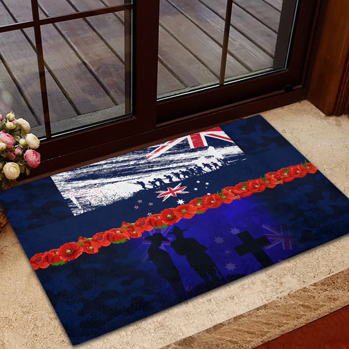 New Zealand and Australia ANZAC Day Rubber Doormat Lest We Forget Red Poppy Flowers and Soldier