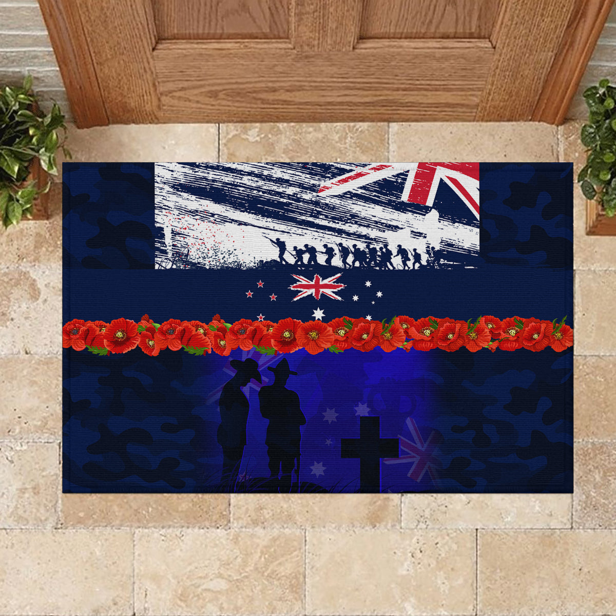 New Zealand and Australia ANZAC Day Rubber Doormat Lest We Forget Red Poppy Flowers and Soldier