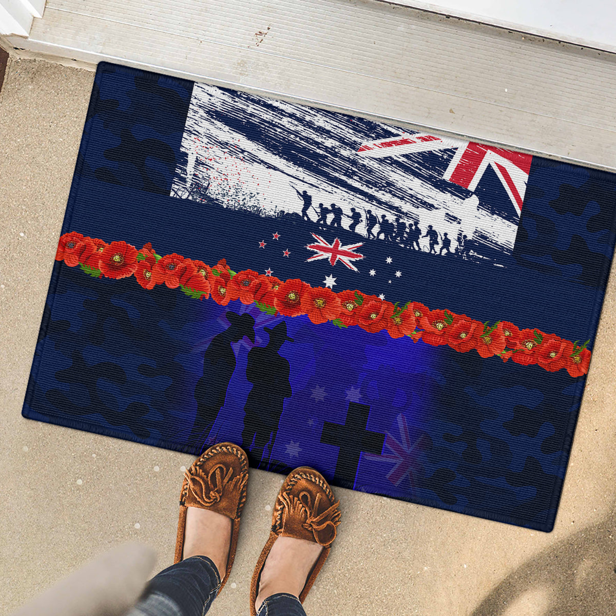 New Zealand and Australia ANZAC Day Rubber Doormat Lest We Forget Red Poppy Flowers and Soldier