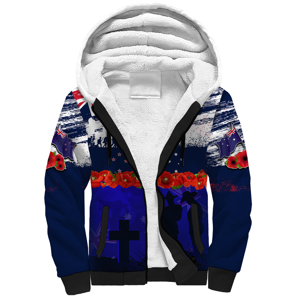 New Zealand and Australia ANZAC Day Sherpa Hoodie Lest We Forget Red Poppy Flowers and Soldier - Vibe Hoodie Shop