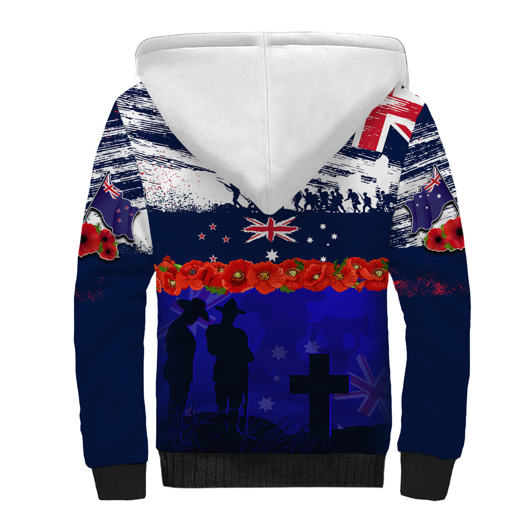 New Zealand and Australia ANZAC Day Sherpa Hoodie Lest We Forget Red Poppy Flowers and Soldier - Vibe Hoodie Shop