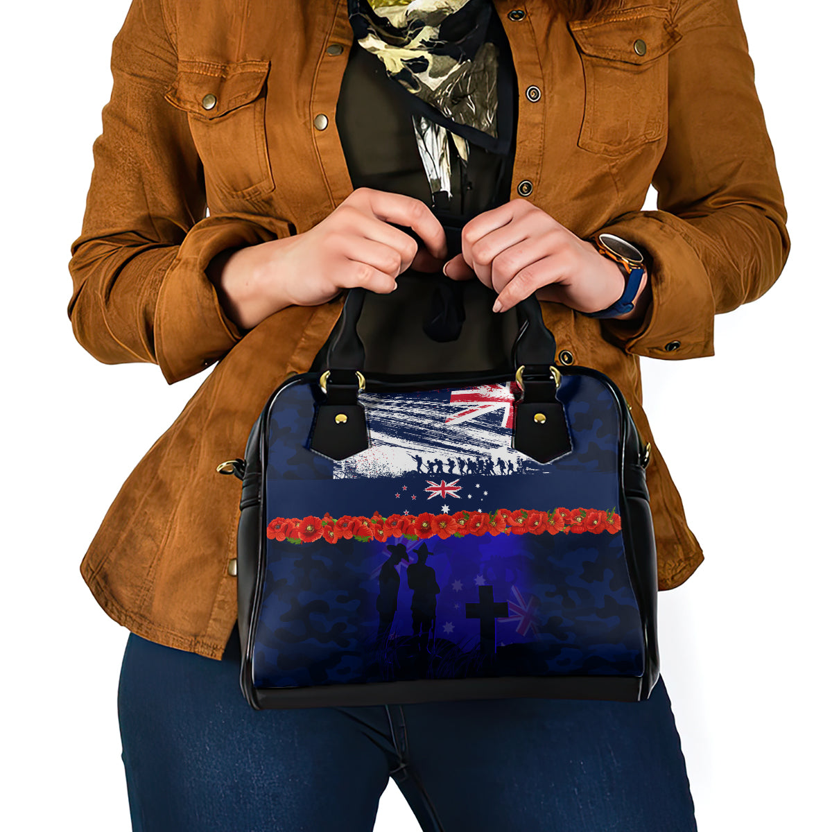 New Zealand and Australia ANZAC Day Shoulder Handbag Lest We Forget Red Poppy Flowers and Soldier - Vibe Hoodie Shop