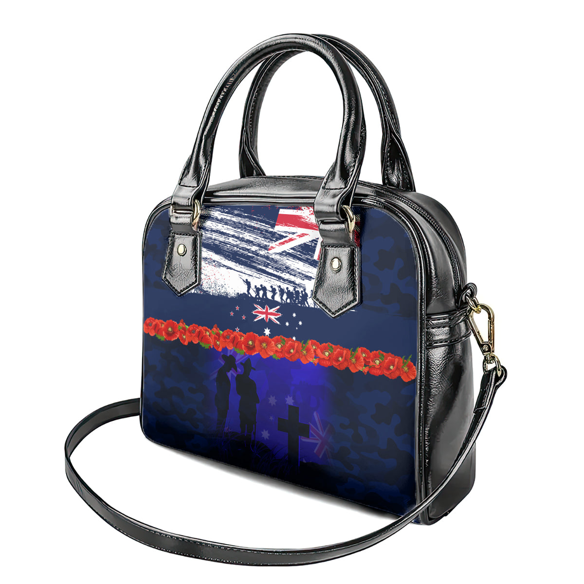 New Zealand and Australia ANZAC Day Shoulder Handbag Lest We Forget Red Poppy Flowers and Soldier - Vibe Hoodie Shop