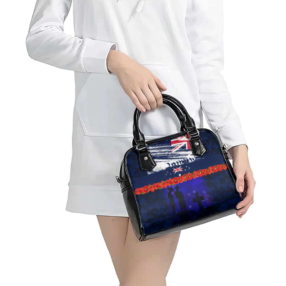 New Zealand and Australia ANZAC Day Shoulder Handbag Lest We Forget Red Poppy Flowers and Soldier - Vibe Hoodie Shop