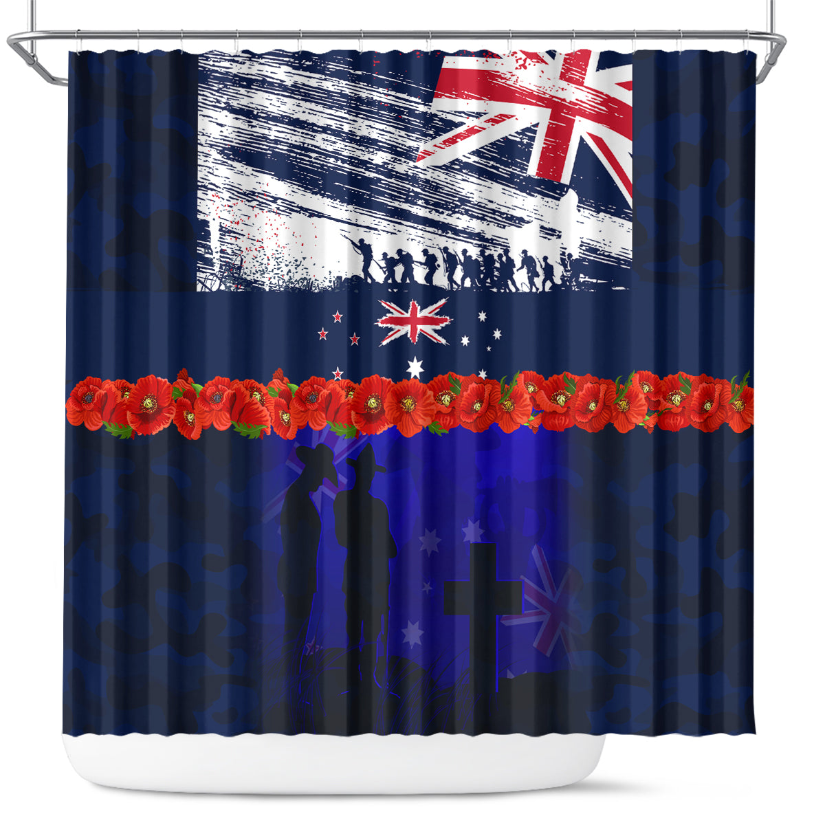 New Zealand and Australia ANZAC Day Shower Curtain Lest We Forget Red Poppy Flowers and Soldier