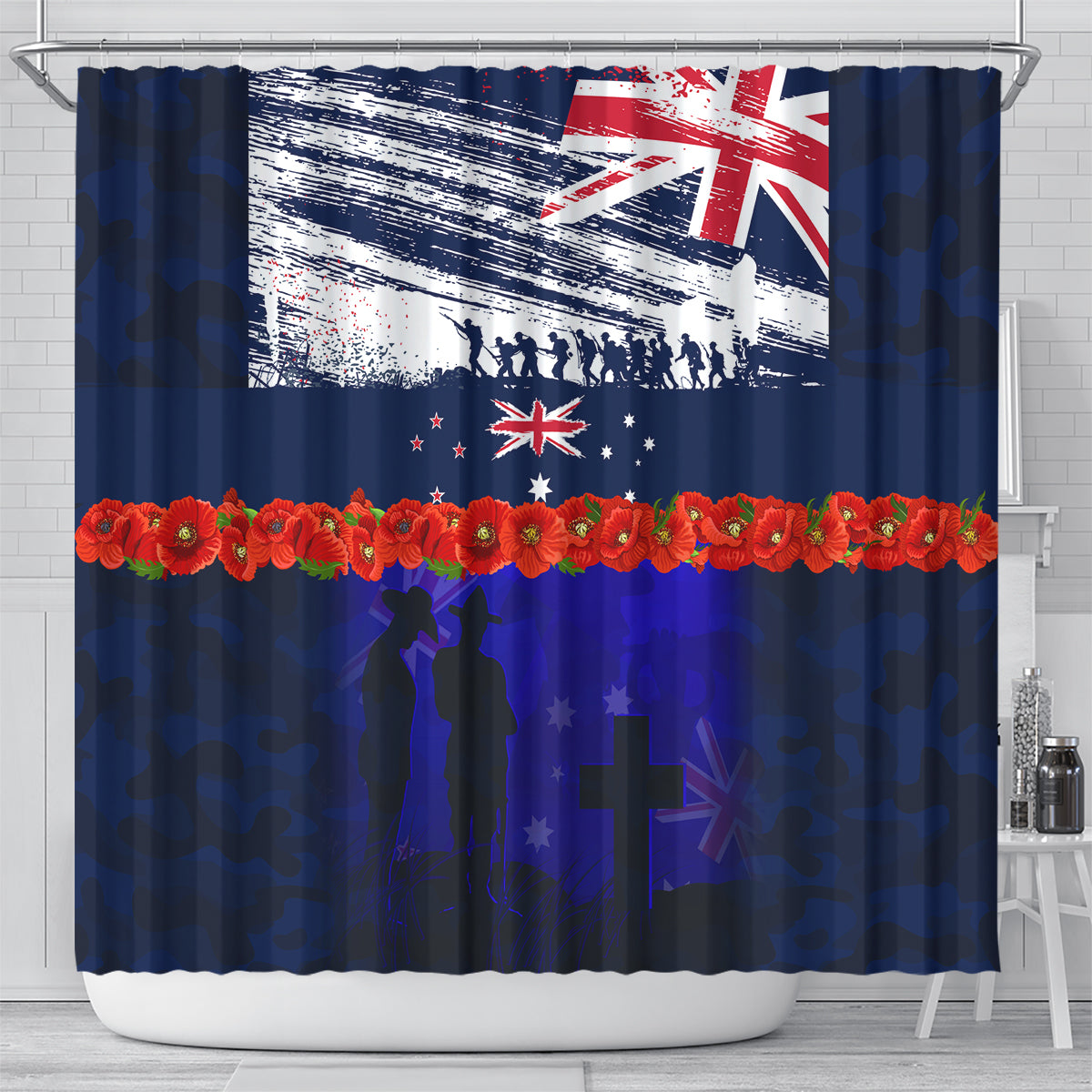 New Zealand and Australia ANZAC Day Shower Curtain Lest We Forget Red Poppy Flowers and Soldier