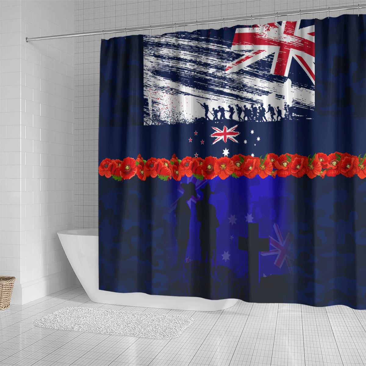 New Zealand and Australia ANZAC Day Shower Curtain Lest We Forget Red Poppy Flowers and Soldier
