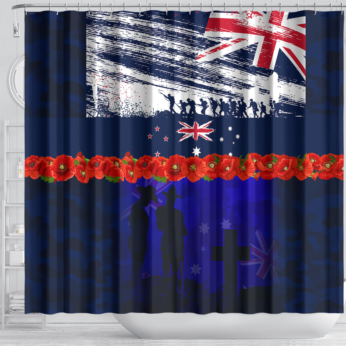 New Zealand and Australia ANZAC Day Shower Curtain Lest We Forget Red Poppy Flowers and Soldier