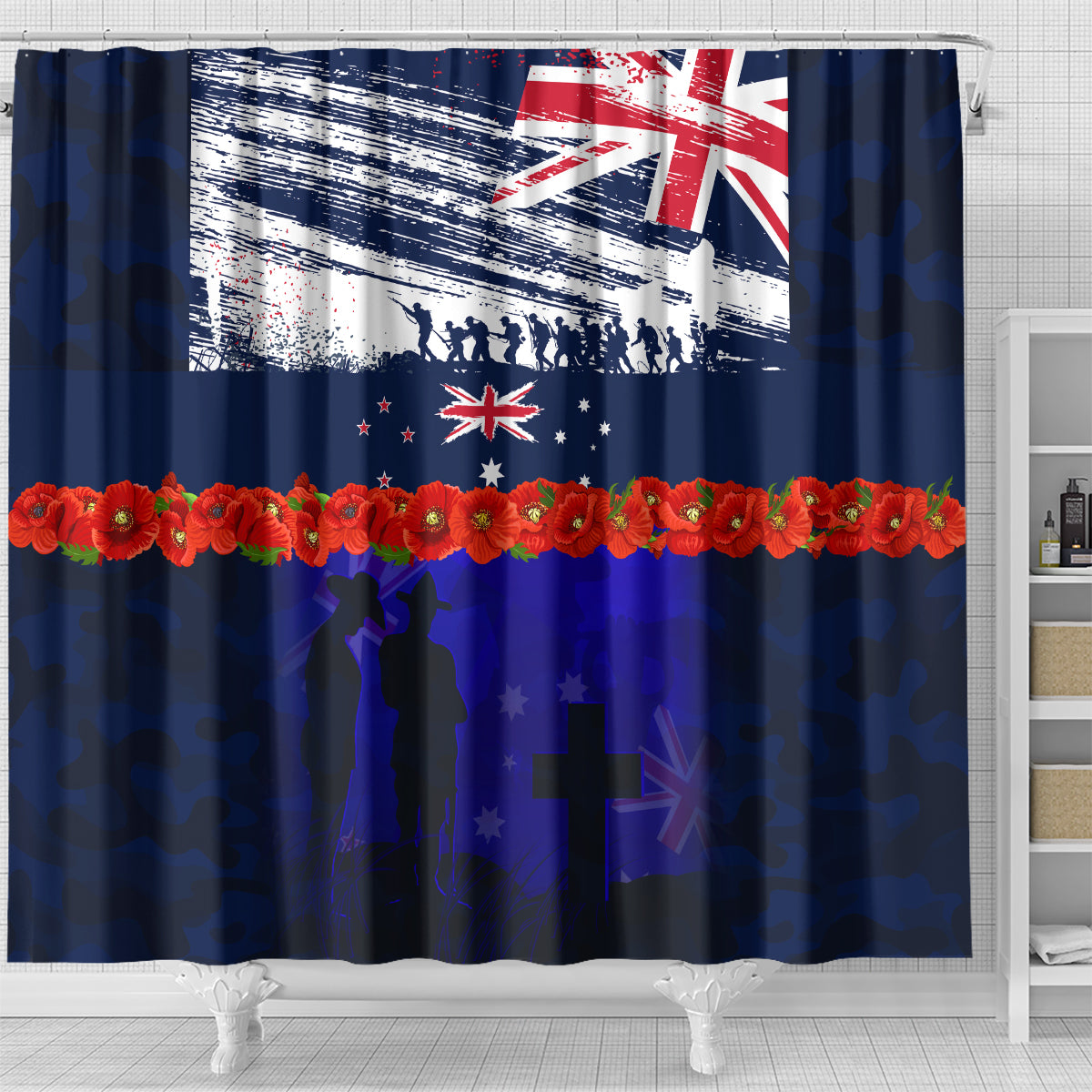 New Zealand and Australia ANZAC Day Shower Curtain Lest We Forget Red Poppy Flowers and Soldier
