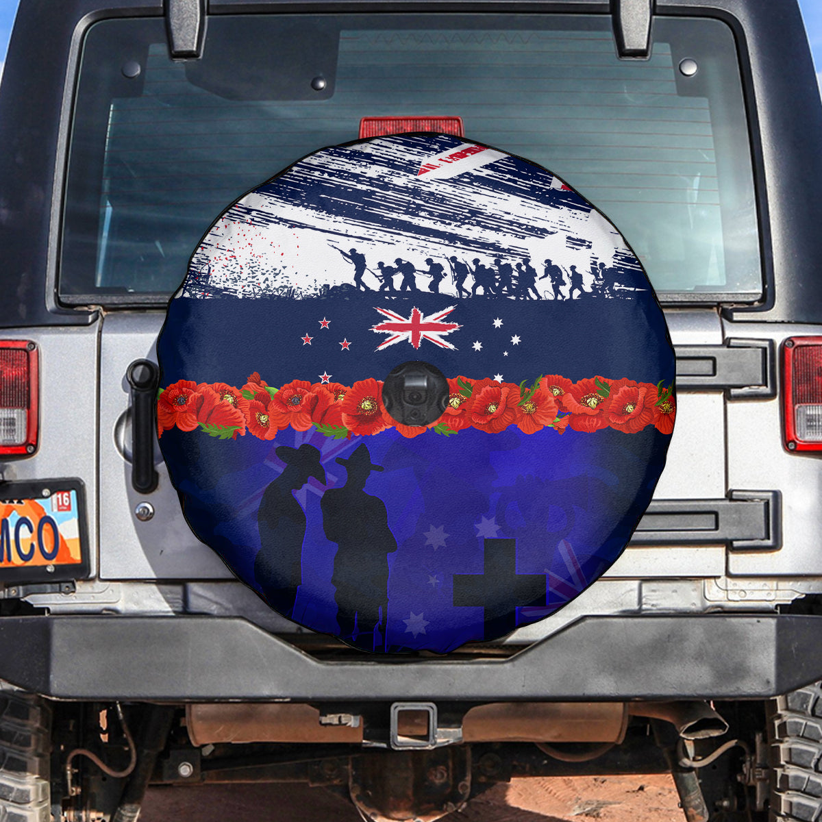 New Zealand and Australia ANZAC Day Spare Tire Cover Lest We Forget Red Poppy Flowers and Soldier - Vibe Hoodie Shop