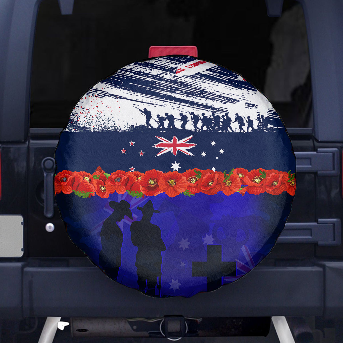 New Zealand and Australia ANZAC Day Spare Tire Cover Lest We Forget Red Poppy Flowers and Soldier - Vibe Hoodie Shop