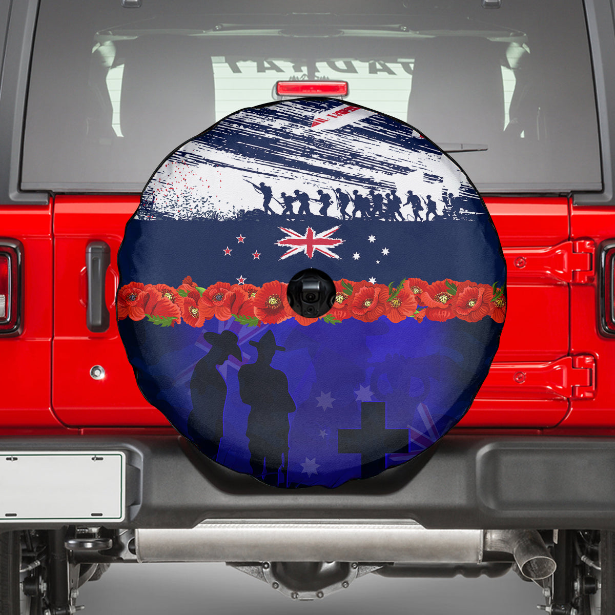 New Zealand and Australia ANZAC Day Spare Tire Cover Lest We Forget Red Poppy Flowers and Soldier - Vibe Hoodie Shop