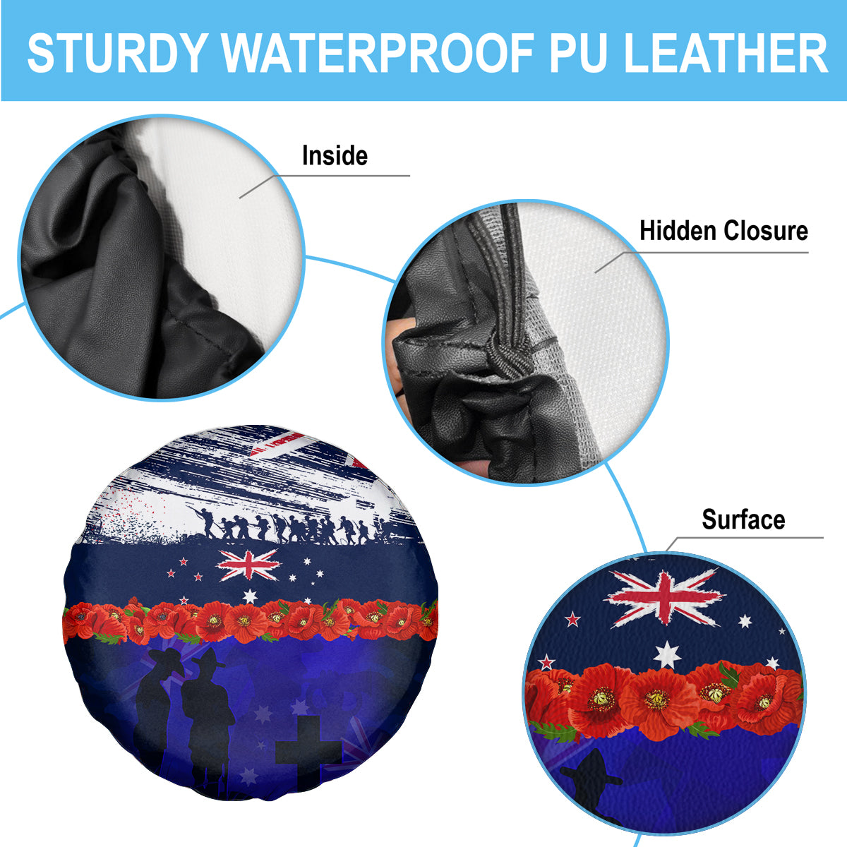 New Zealand and Australia ANZAC Day Spare Tire Cover Lest We Forget Red Poppy Flowers and Soldier - Vibe Hoodie Shop