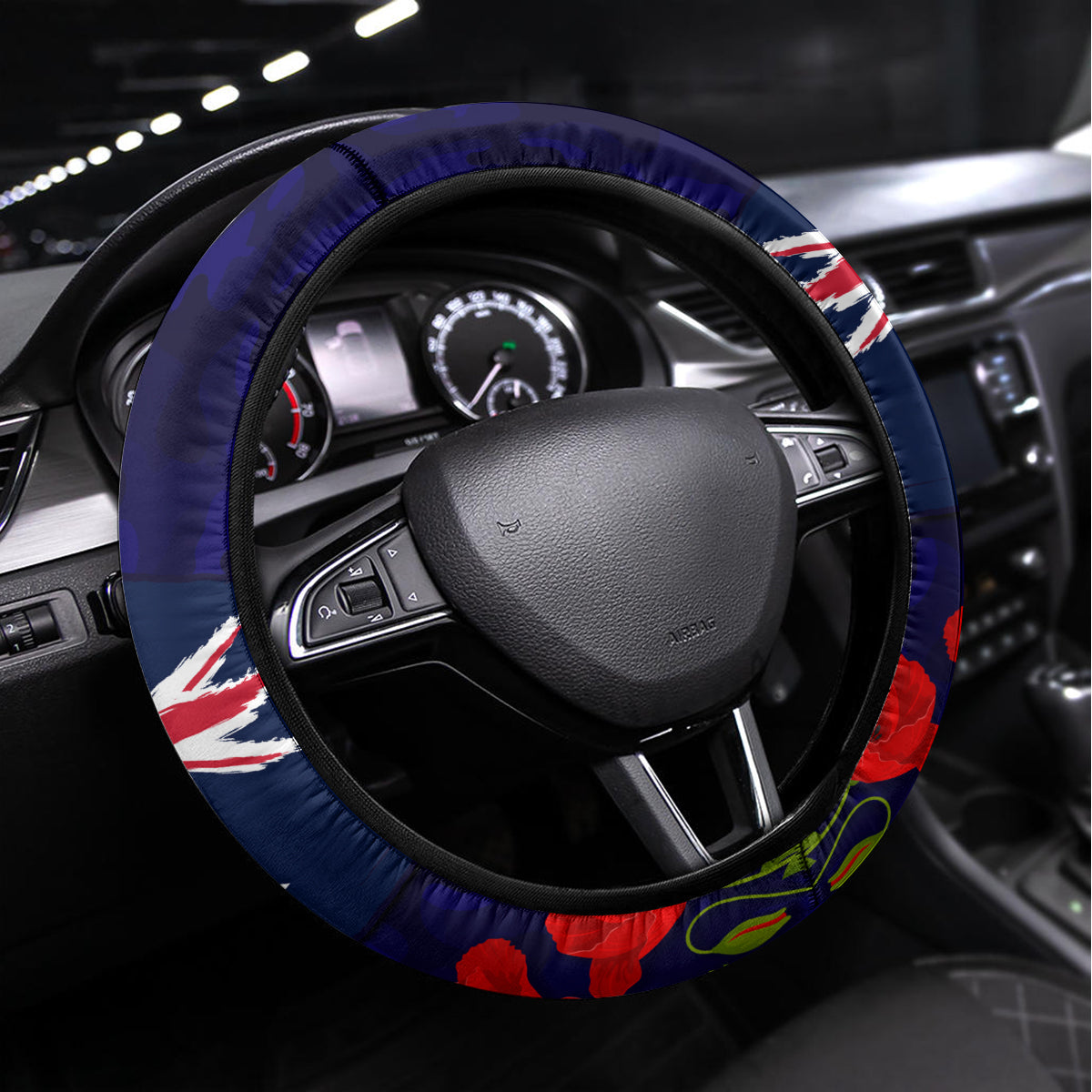 New Zealand and Australia ANZAC Day Steering Wheel Cover Lest We Forget Red Poppy Flowers and Soldier