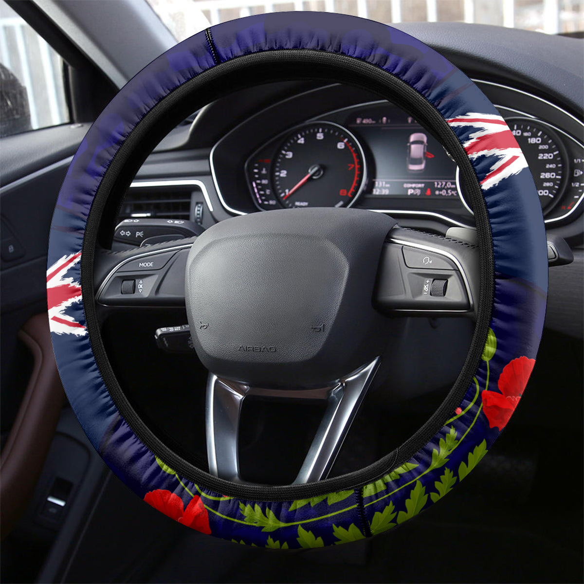 New Zealand and Australia ANZAC Day Steering Wheel Cover Lest We Forget Red Poppy Flowers and Soldier