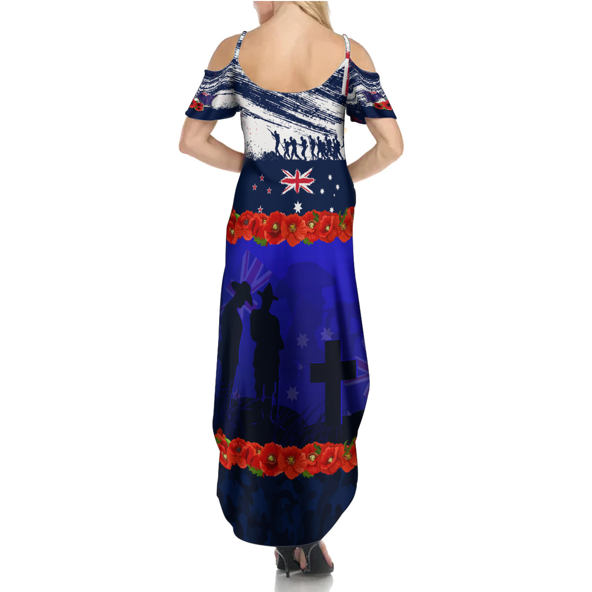 New Zealand and Australia ANZAC Day Summer Maxi Dress Lest We Forget Red Poppy Flowers and Soldier