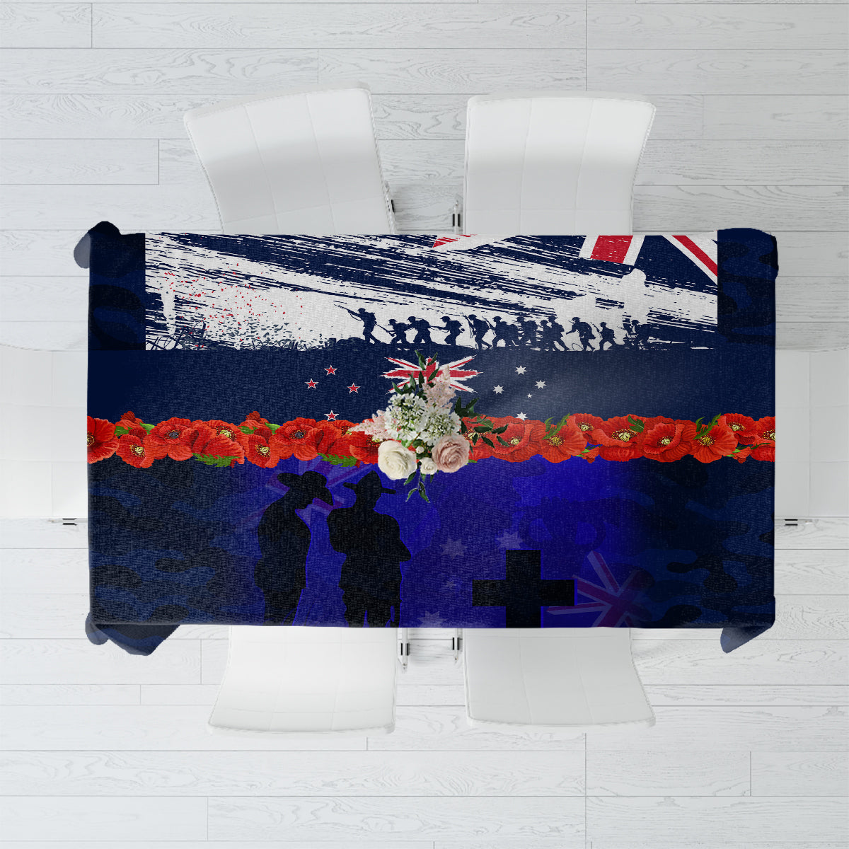 New Zealand and Australia ANZAC Day Tablecloth Lest We Forget Red Poppy Flowers and Soldier