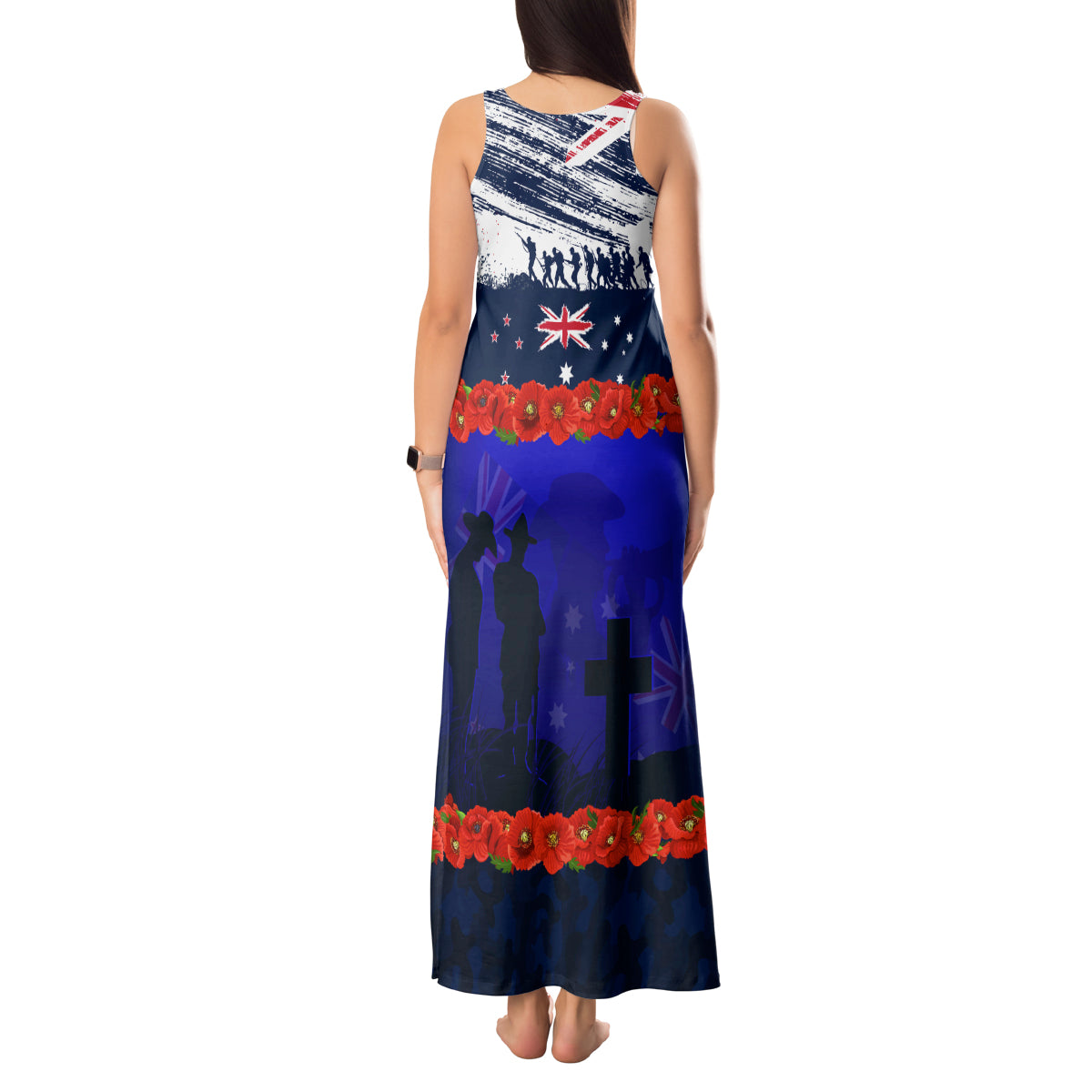 New Zealand and Australia ANZAC Day Tank Maxi Dress Lest We Forget Red Poppy Flowers and Soldier