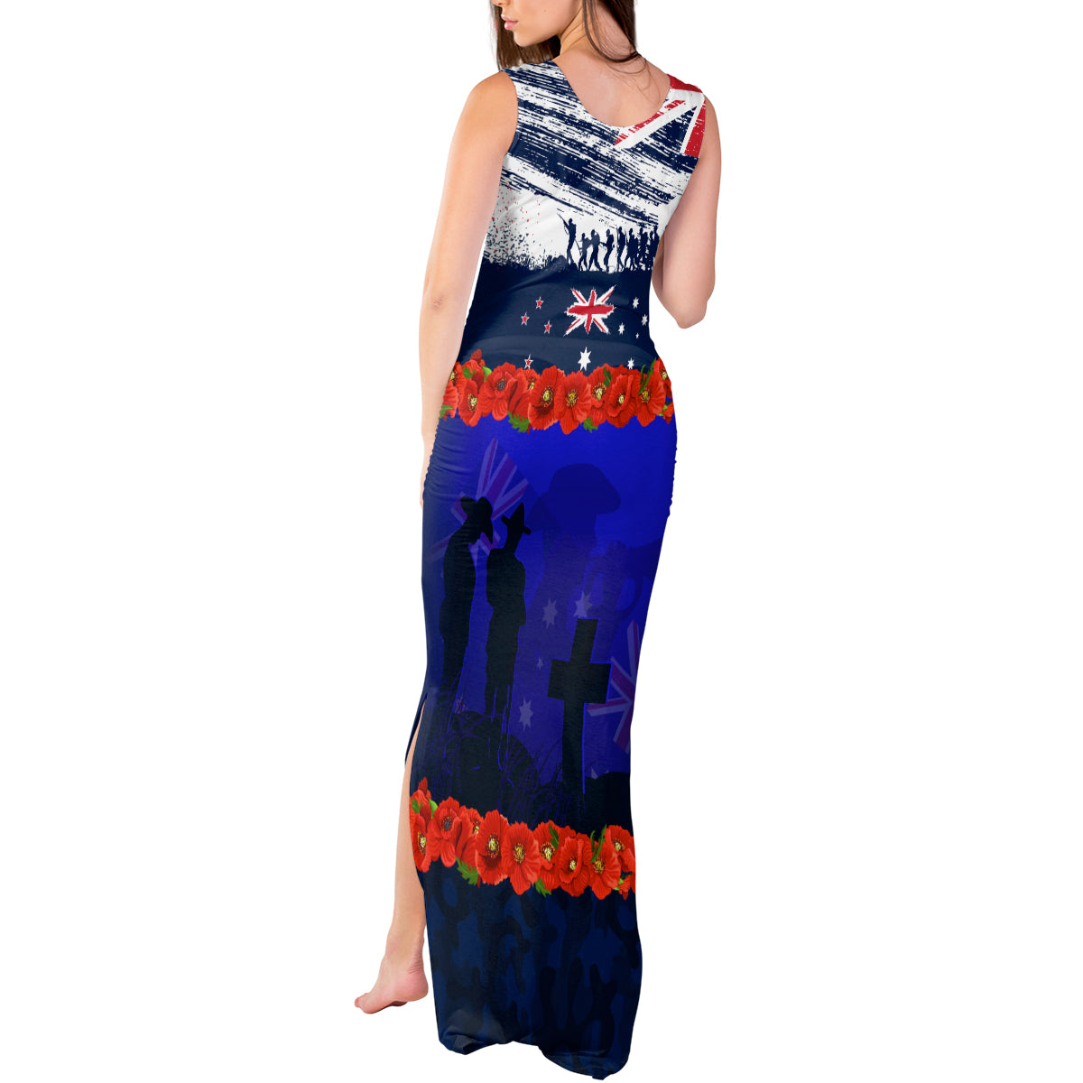 New Zealand and Australia ANZAC Day Tank Maxi Dress Lest We Forget Red Poppy Flowers and Soldier