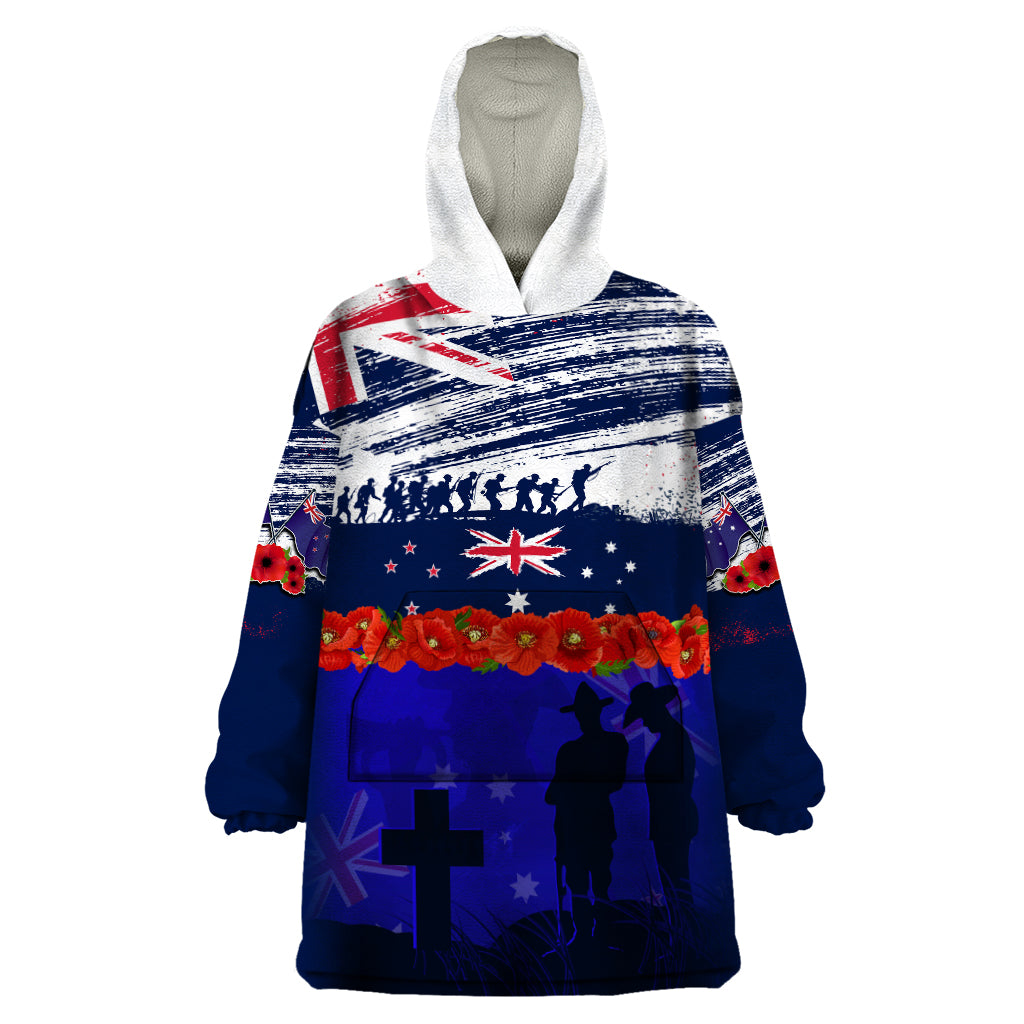 New Zealand and Australia ANZAC Day Wearable Blanket Hoodie Lest We Forget Red Poppy Flowers and Soldier - Vibe Hoodie Shop