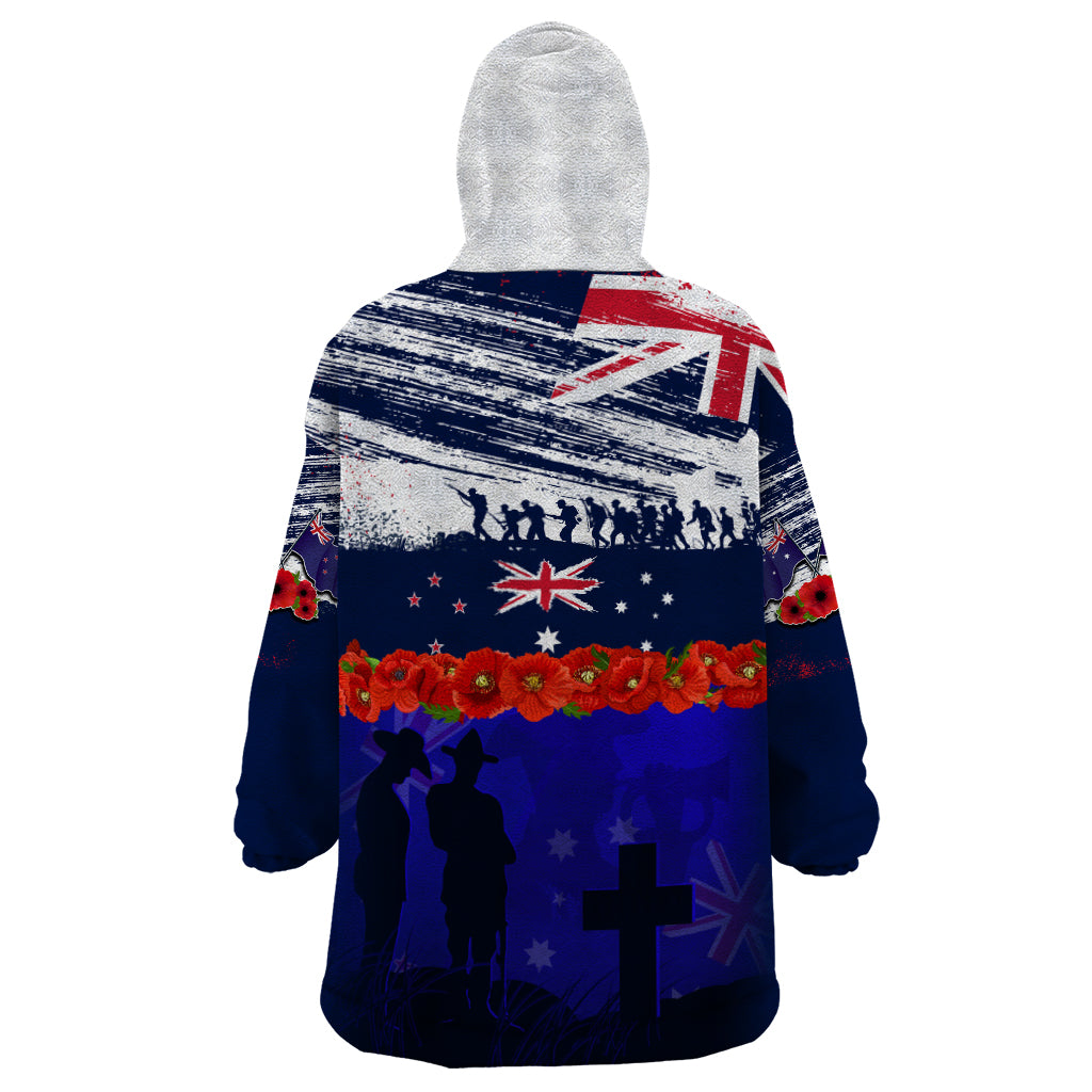 New Zealand and Australia ANZAC Day Wearable Blanket Hoodie Lest We Forget Red Poppy Flowers and Soldier - Vibe Hoodie Shop