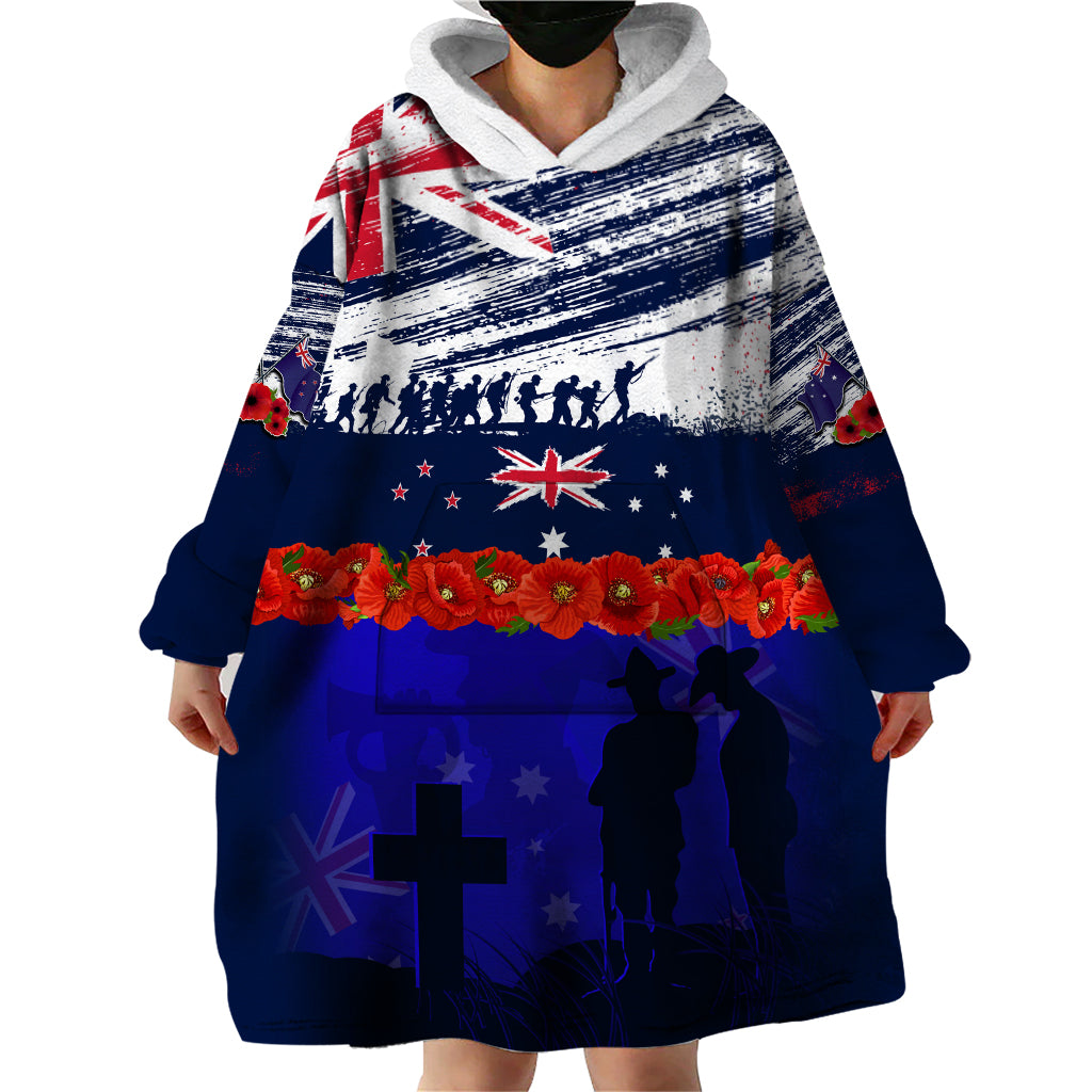 New Zealand and Australia ANZAC Day Wearable Blanket Hoodie Lest We Forget Red Poppy Flowers and Soldier - Vibe Hoodie Shop