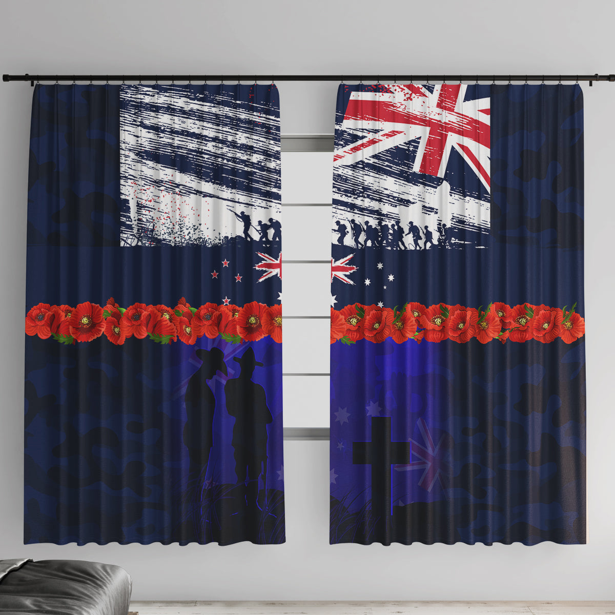 New Zealand and Australia ANZAC Day Window Curtain Lest We Forget Red Poppy Flowers and Soldier