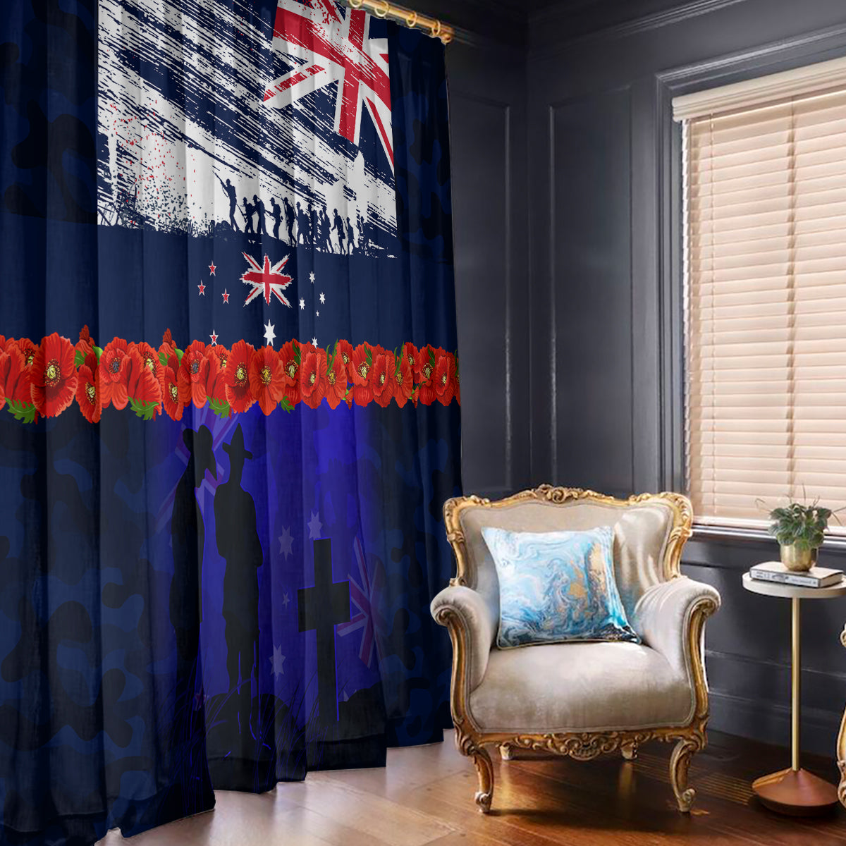 New Zealand and Australia ANZAC Day Window Curtain Lest We Forget Red Poppy Flowers and Soldier