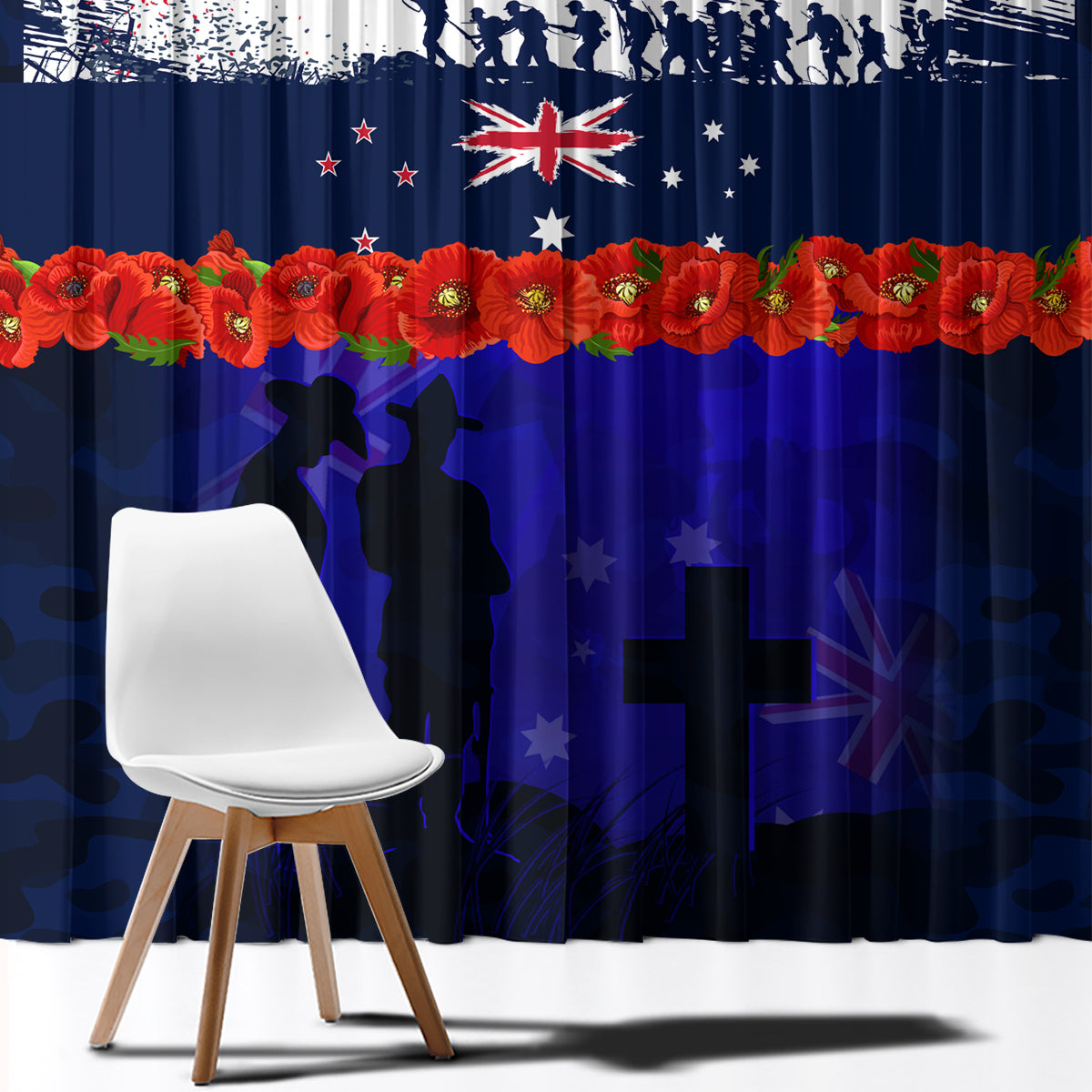 New Zealand and Australia ANZAC Day Window Curtain Lest We Forget Red Poppy Flowers and Soldier