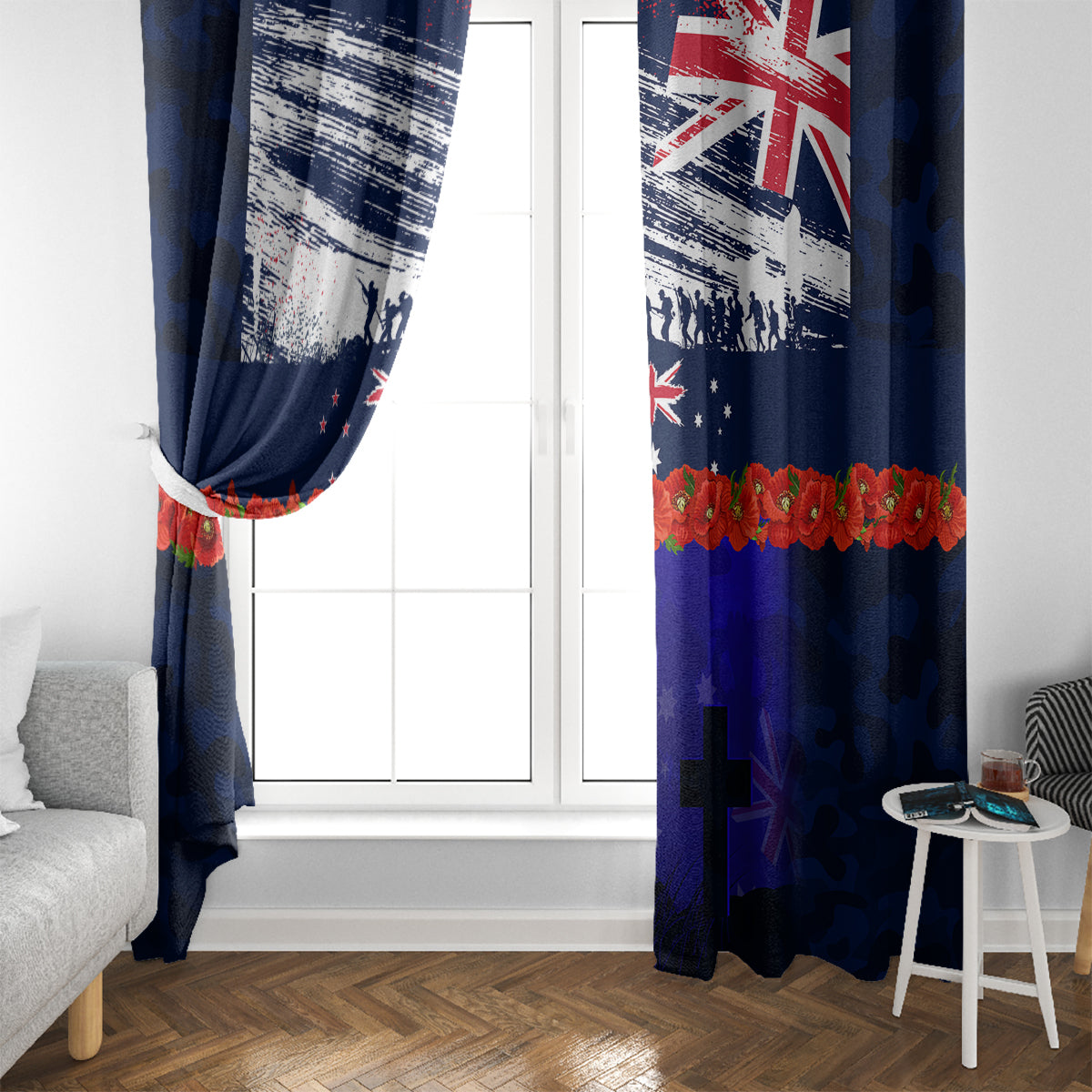 New Zealand and Australia ANZAC Day Window Curtain Lest We Forget Red Poppy Flowers and Soldier