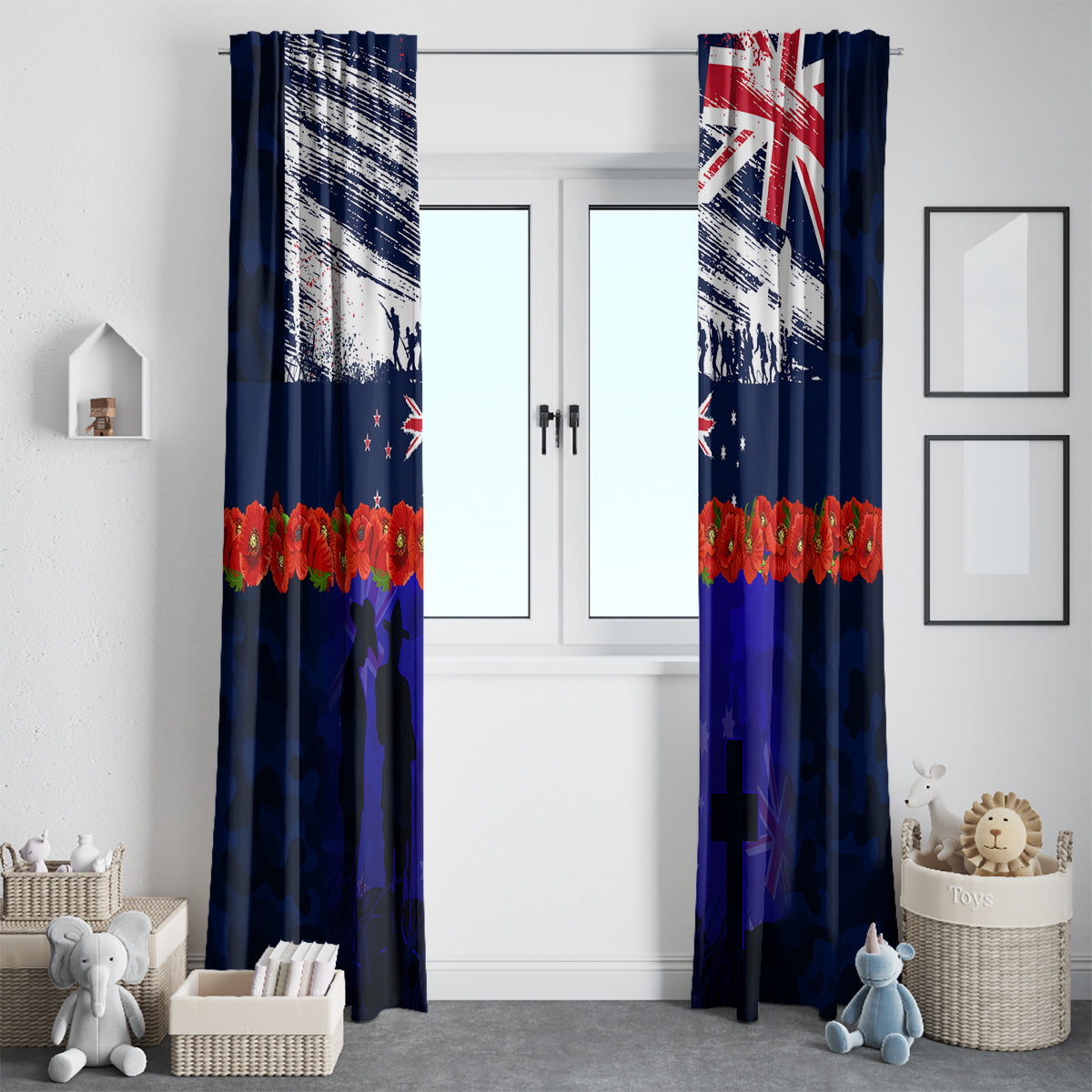 New Zealand and Australia ANZAC Day Window Curtain Lest We Forget Red Poppy Flowers and Soldier