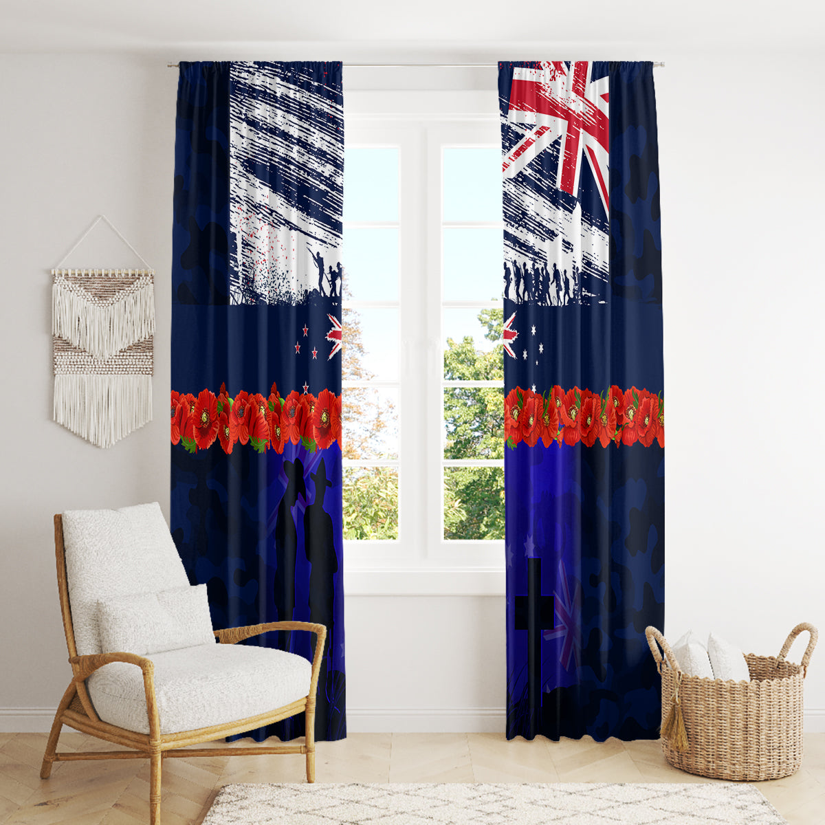New Zealand and Australia ANZAC Day Window Curtain Lest We Forget Red Poppy Flowers and Soldier