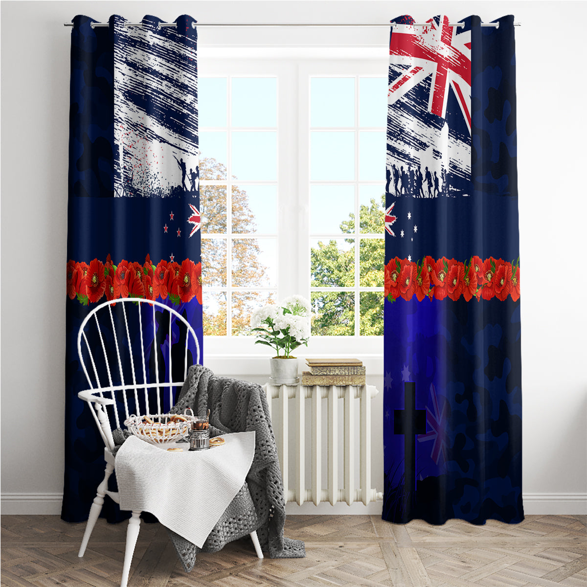 New Zealand and Australia ANZAC Day Window Curtain Lest We Forget Red Poppy Flowers and Soldier
