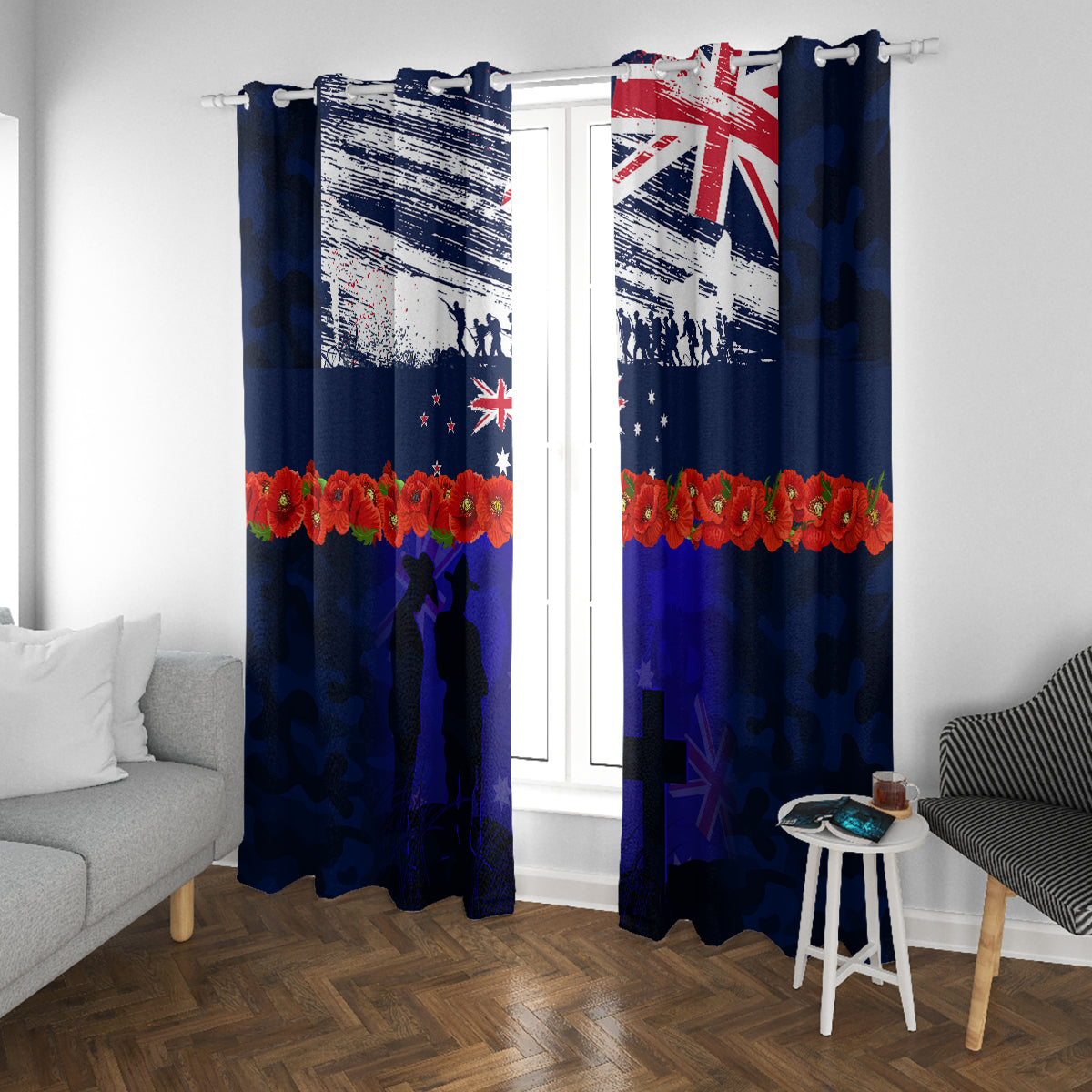 New Zealand and Australia ANZAC Day Window Curtain Lest We Forget Red Poppy Flowers and Soldier