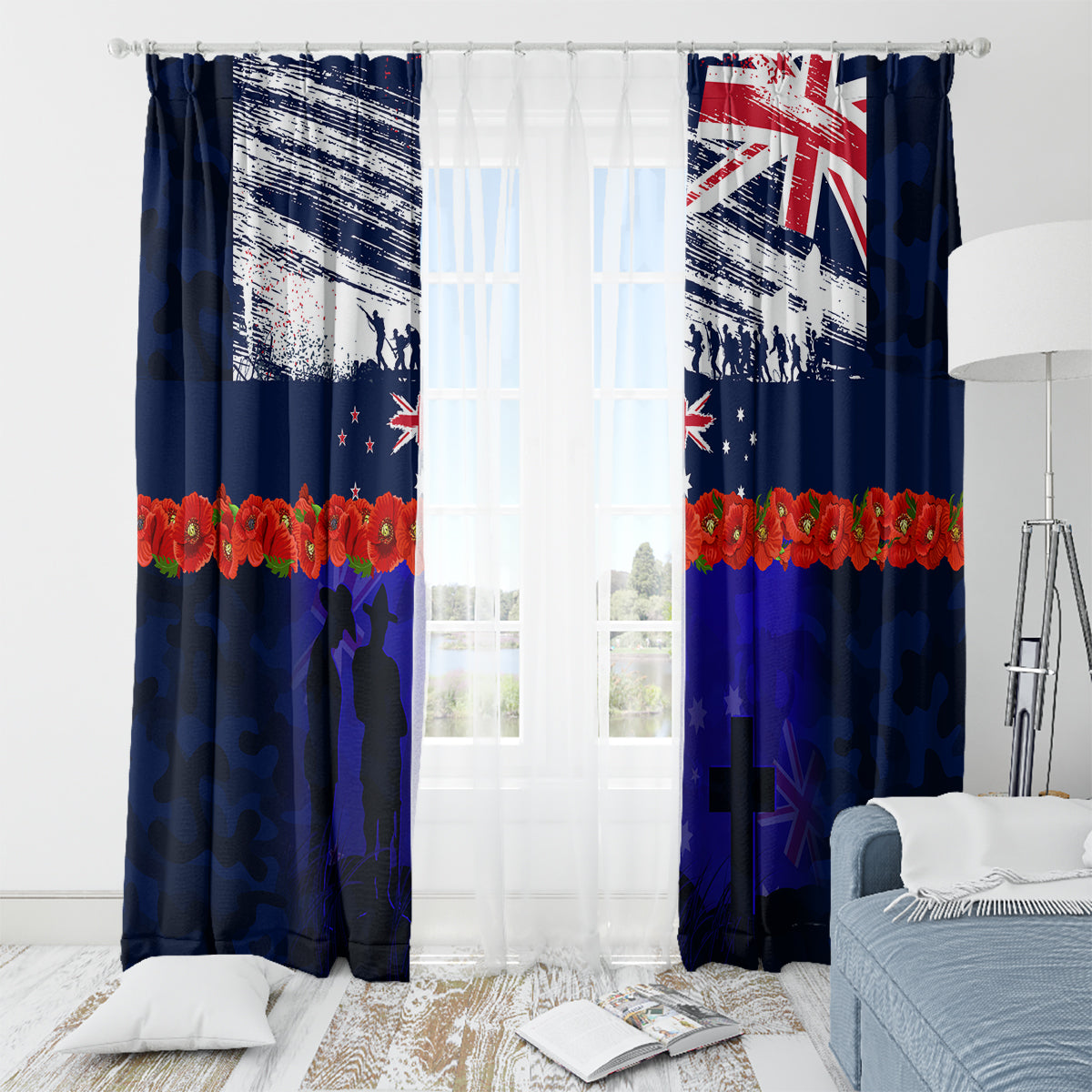 New Zealand and Australia ANZAC Day Window Curtain Lest We Forget Red Poppy Flowers and Soldier