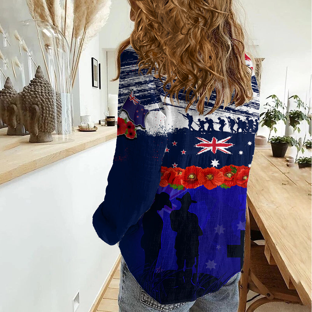 New Zealand and Australia ANZAC Day Women Casual Shirt Lest We Forget Red Poppy Flowers and Soldier - Vibe Hoodie Shop