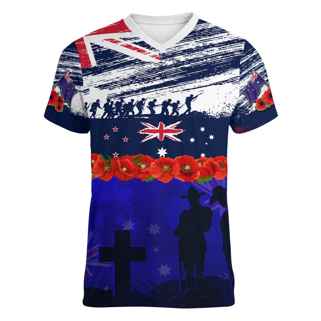 New Zealand and Australia ANZAC Day Women V Neck T Shirt Lest We Forget Red Poppy Flowers and Soldier - Vibe Hoodie Shop