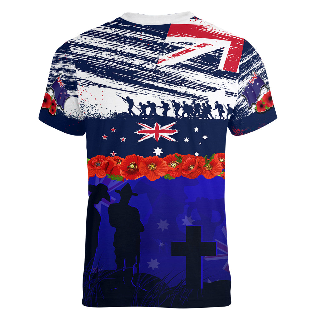 New Zealand and Australia ANZAC Day Women V Neck T Shirt Lest We Forget Red Poppy Flowers and Soldier - Vibe Hoodie Shop