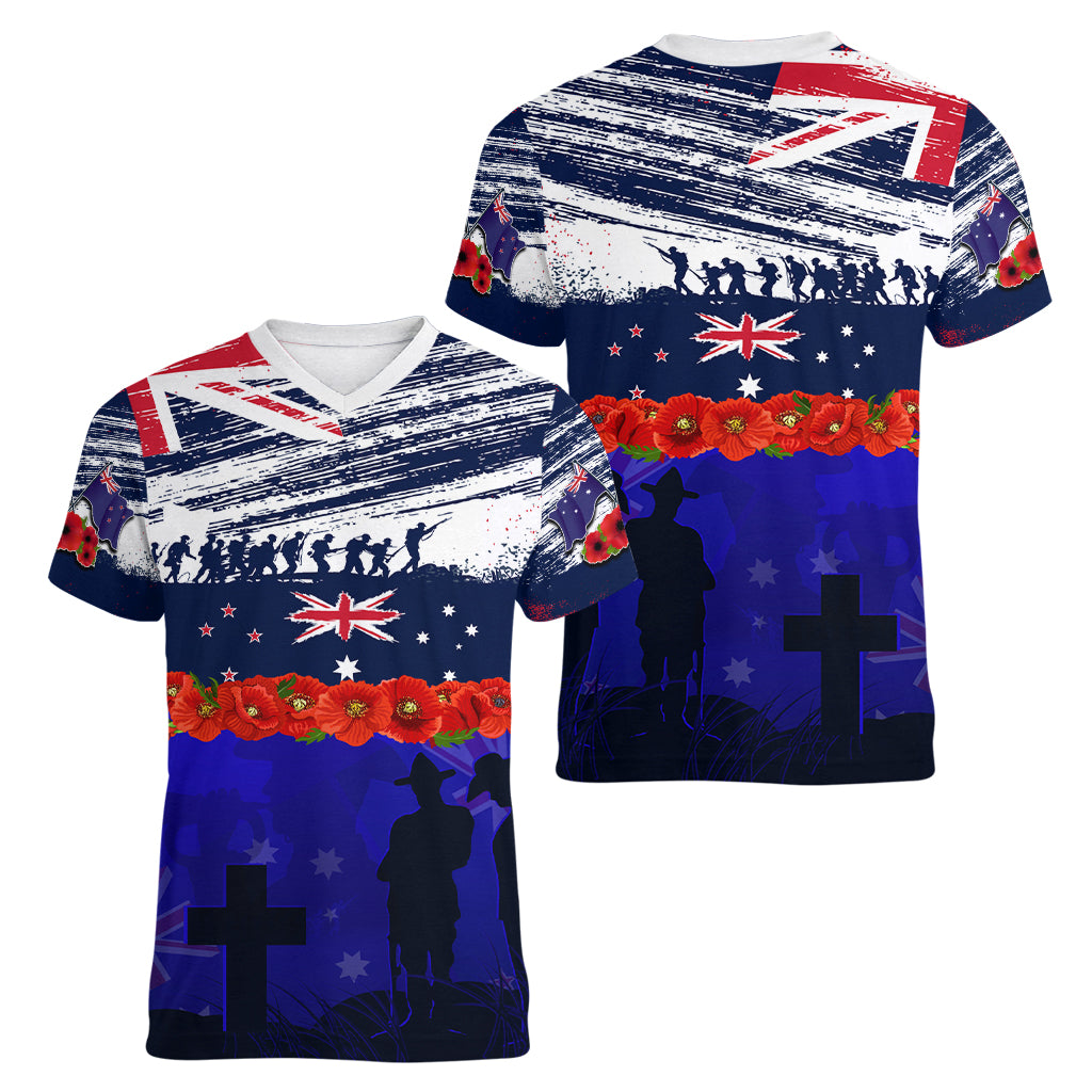 New Zealand and Australia ANZAC Day Women V Neck T Shirt Lest We Forget Red Poppy Flowers and Soldier - Vibe Hoodie Shop