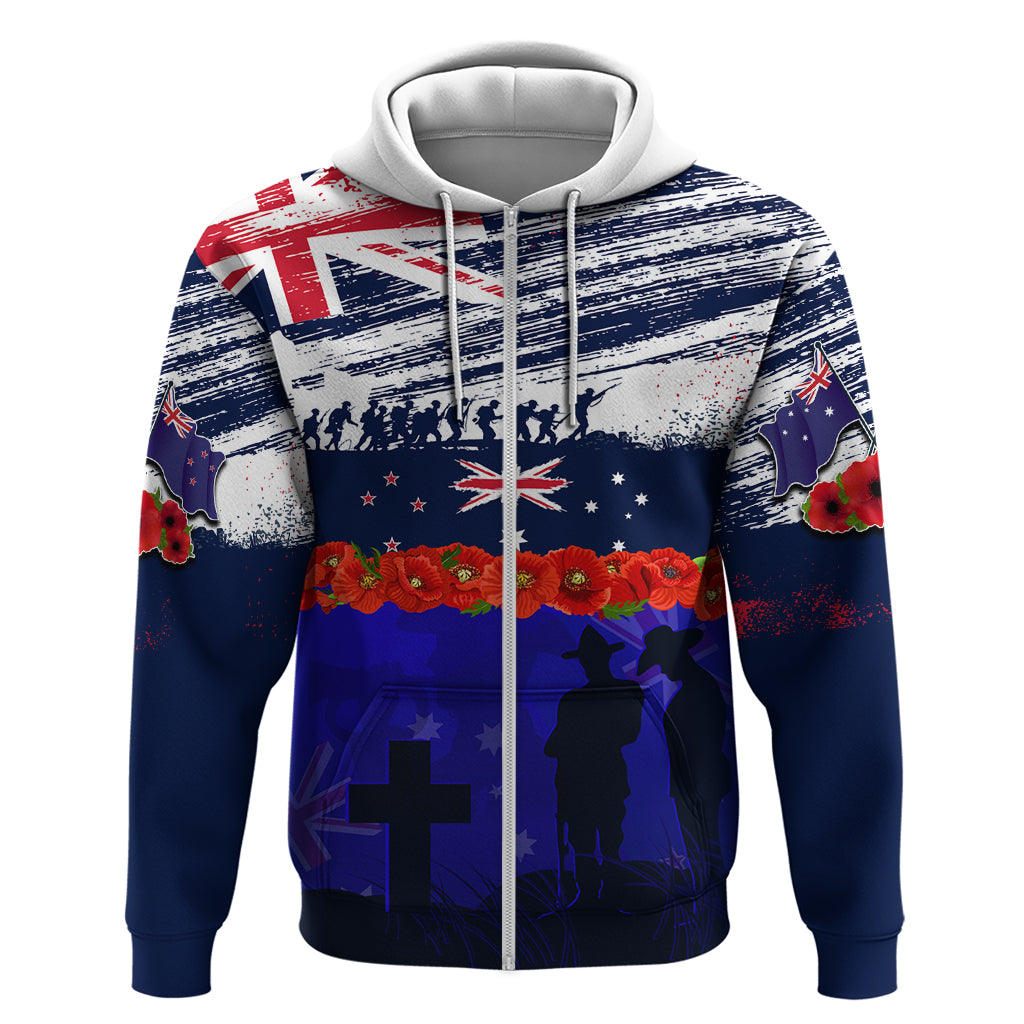 New Zealand and Australia ANZAC Day Zip Hoodie Lest We Forget Red Poppy Flowers and Soldier - Vibe Hoodie Shop