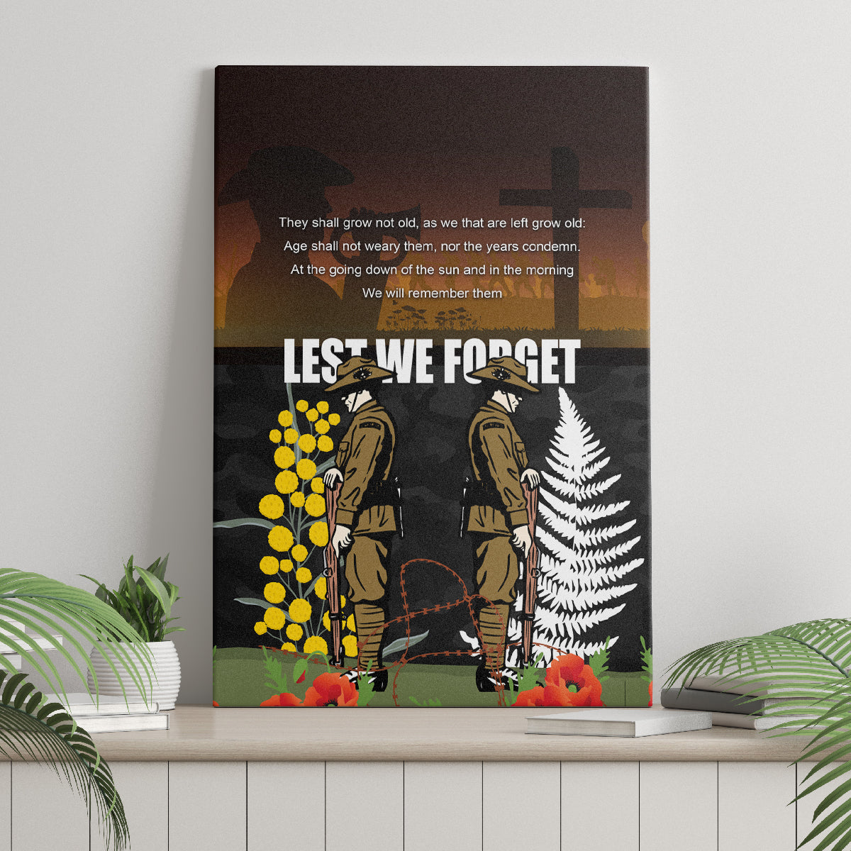 New Zealand and Australia ANZAC Day Canvas Wall Art Soldier and Last Post Camouflage Pattern
