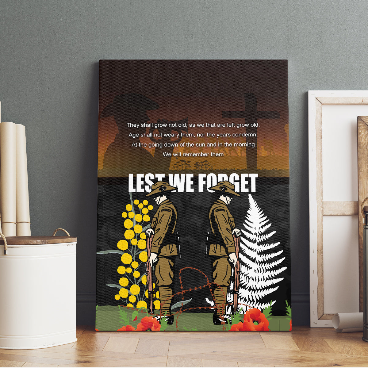 New Zealand and Australia ANZAC Day Canvas Wall Art Soldier and Last Post Camouflage Pattern
