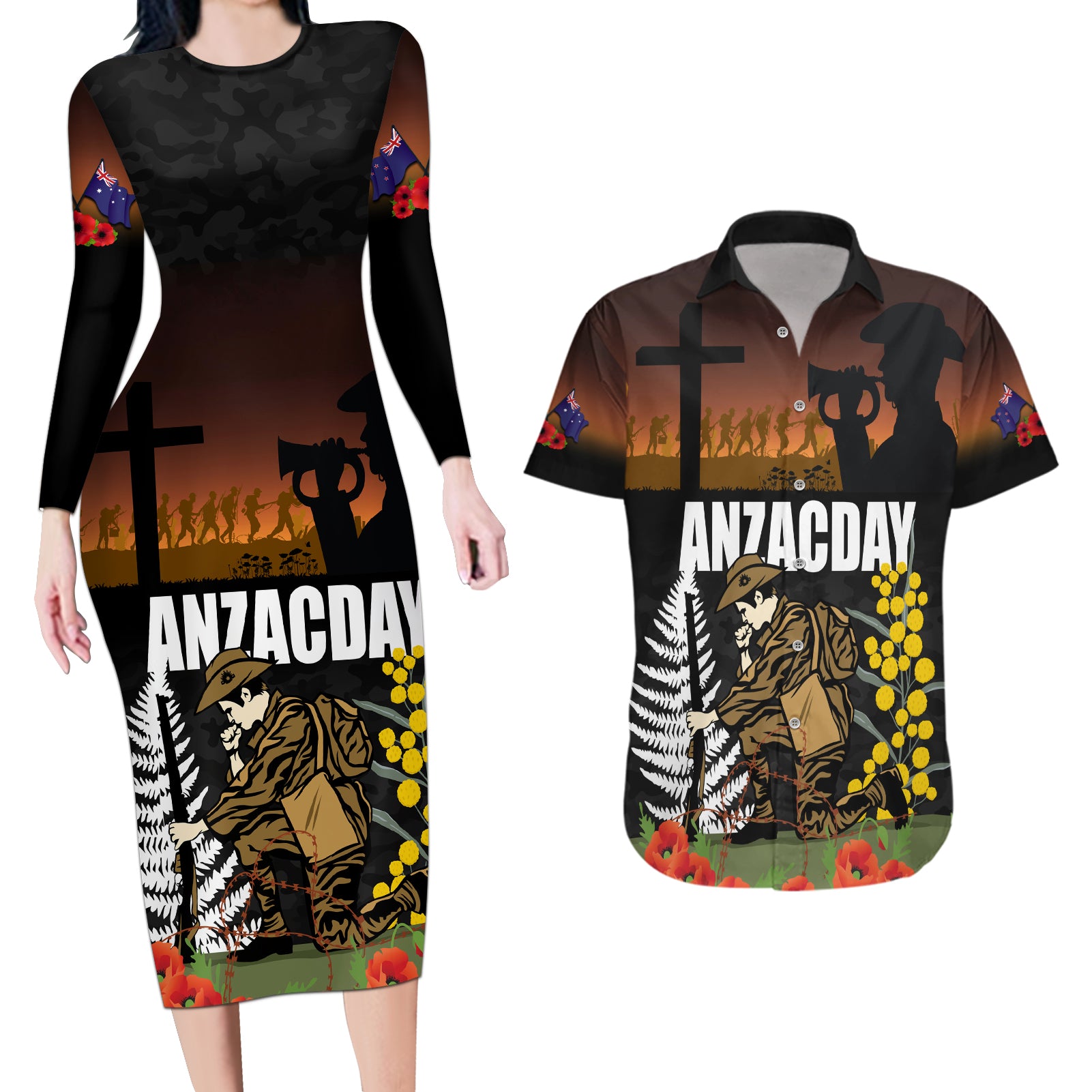 New Zealand and Australia ANZAC Day Couples Matching Long Sleeve Bodycon Dress and Hawaiian Shirt Soldier and Last Post Camouflage Pattern