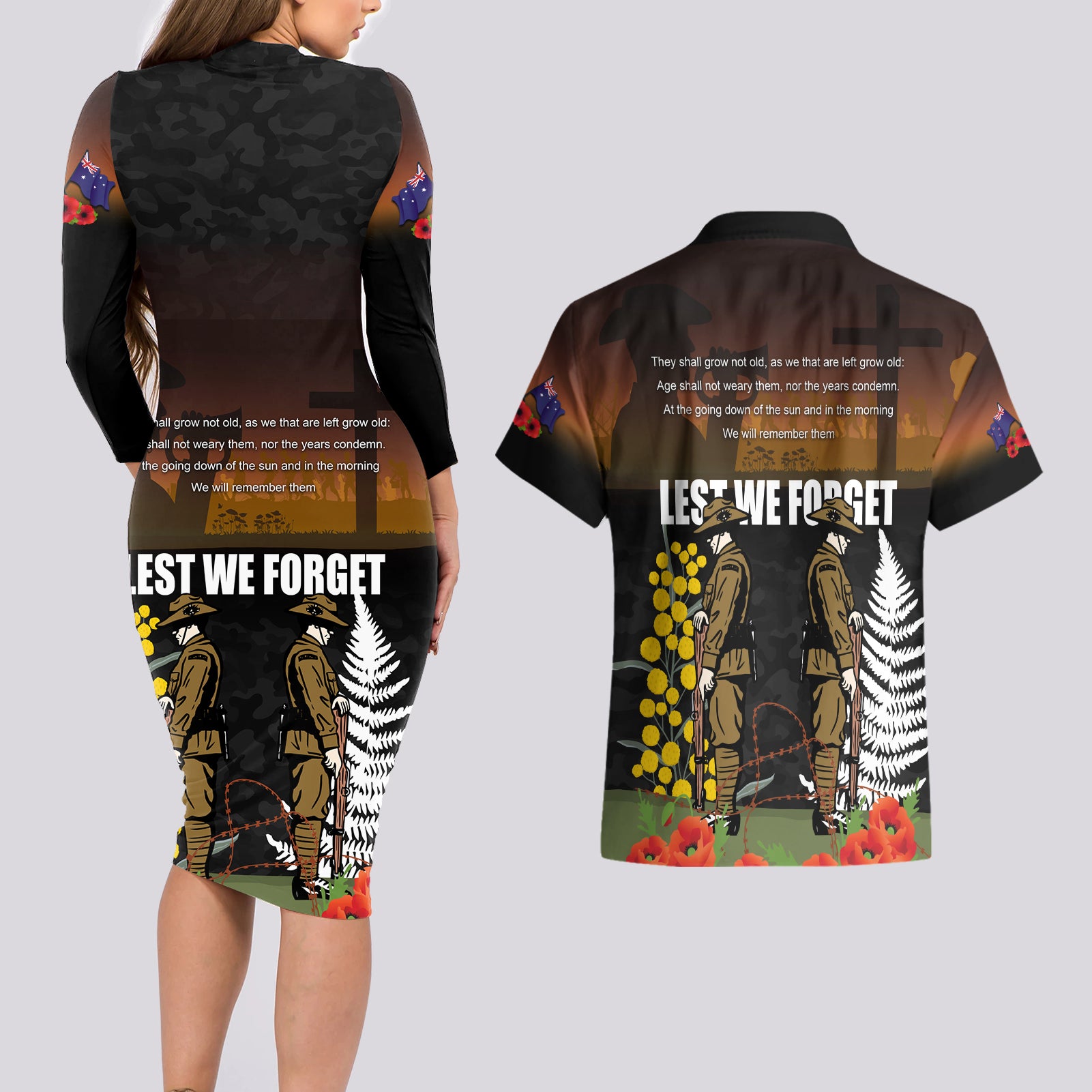 New Zealand and Australia ANZAC Day Couples Matching Long Sleeve Bodycon Dress and Hawaiian Shirt Soldier and Last Post Camouflage Pattern