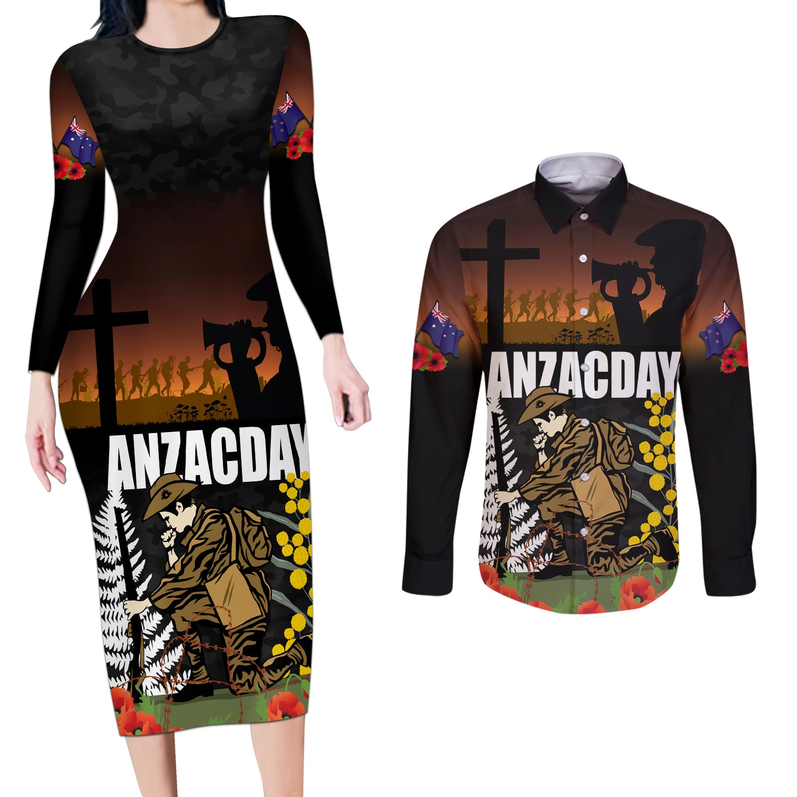 New Zealand and Australia ANZAC Day Couples Matching Long Sleeve Bodycon Dress and Long Sleeve Button Shirt Soldier and Last Post Camouflage Pattern