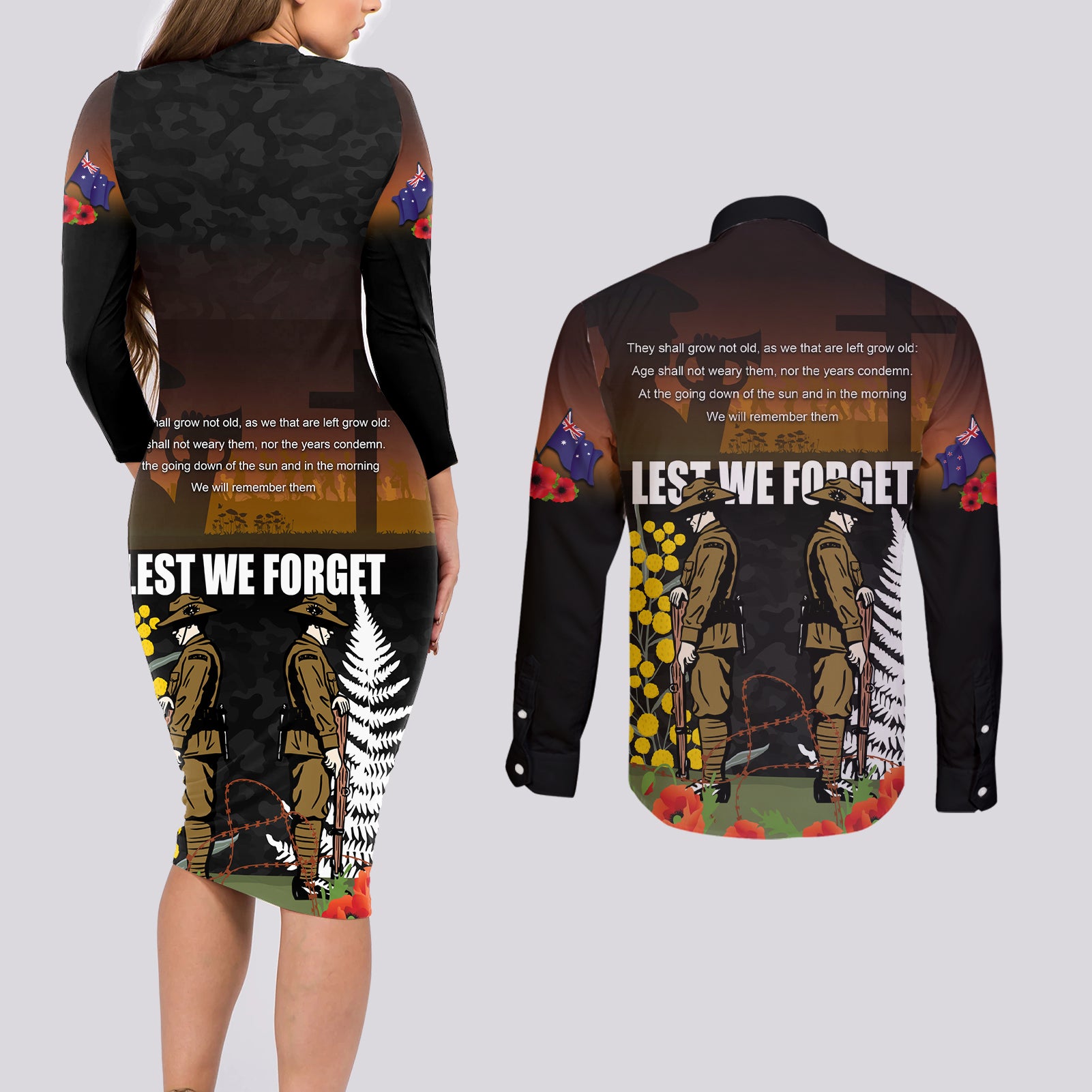 New Zealand and Australia ANZAC Day Couples Matching Long Sleeve Bodycon Dress and Long Sleeve Button Shirt Soldier and Last Post Camouflage Pattern
