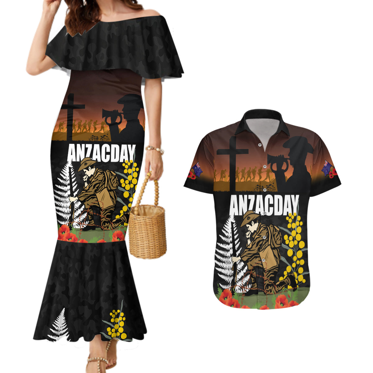 New Zealand and Australia ANZAC Day Couples Matching Mermaid Dress and Hawaiian Shirt Soldier and Last Post Camouflage Pattern