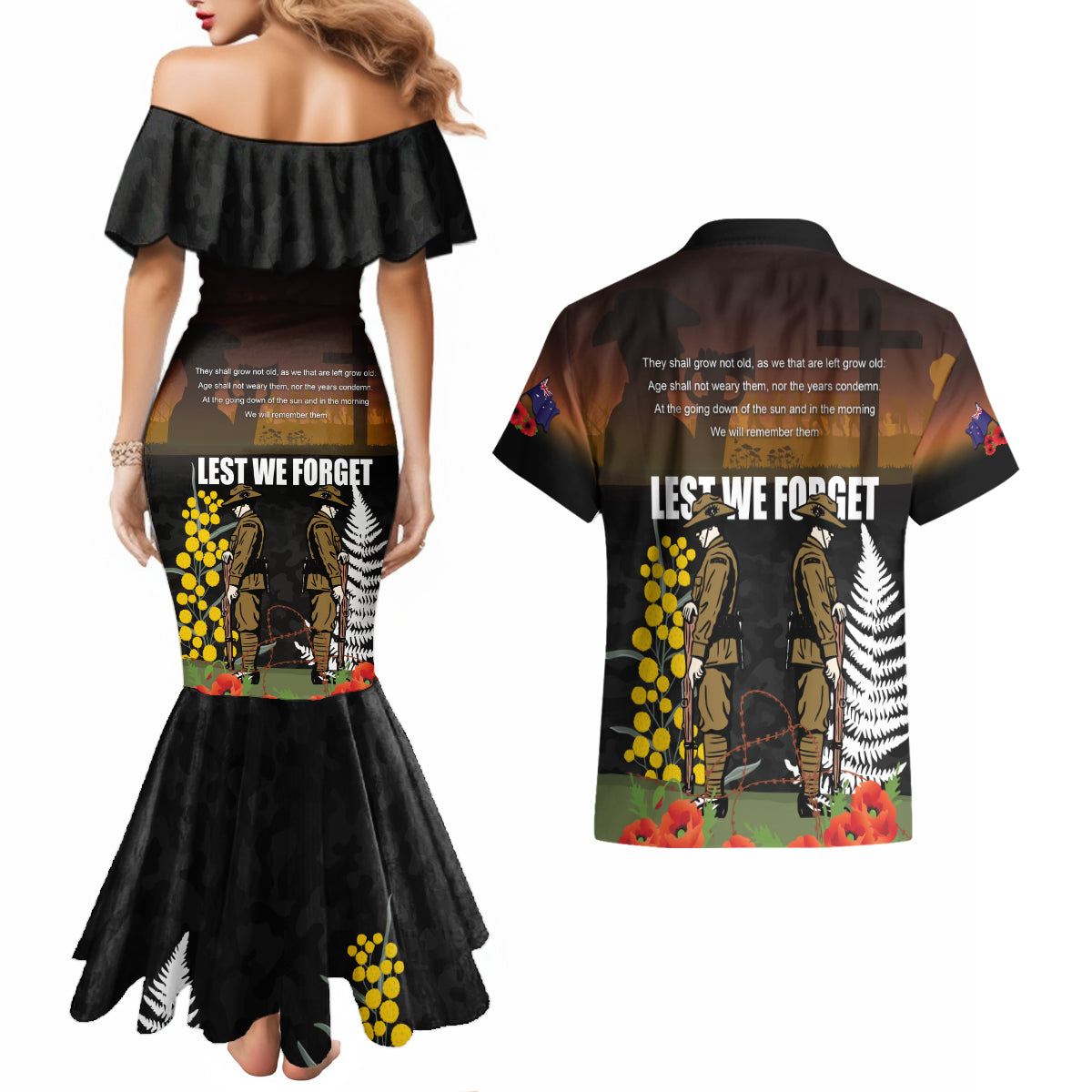 New Zealand and Australia ANZAC Day Couples Matching Mermaid Dress and Hawaiian Shirt Soldier and Last Post Camouflage Pattern