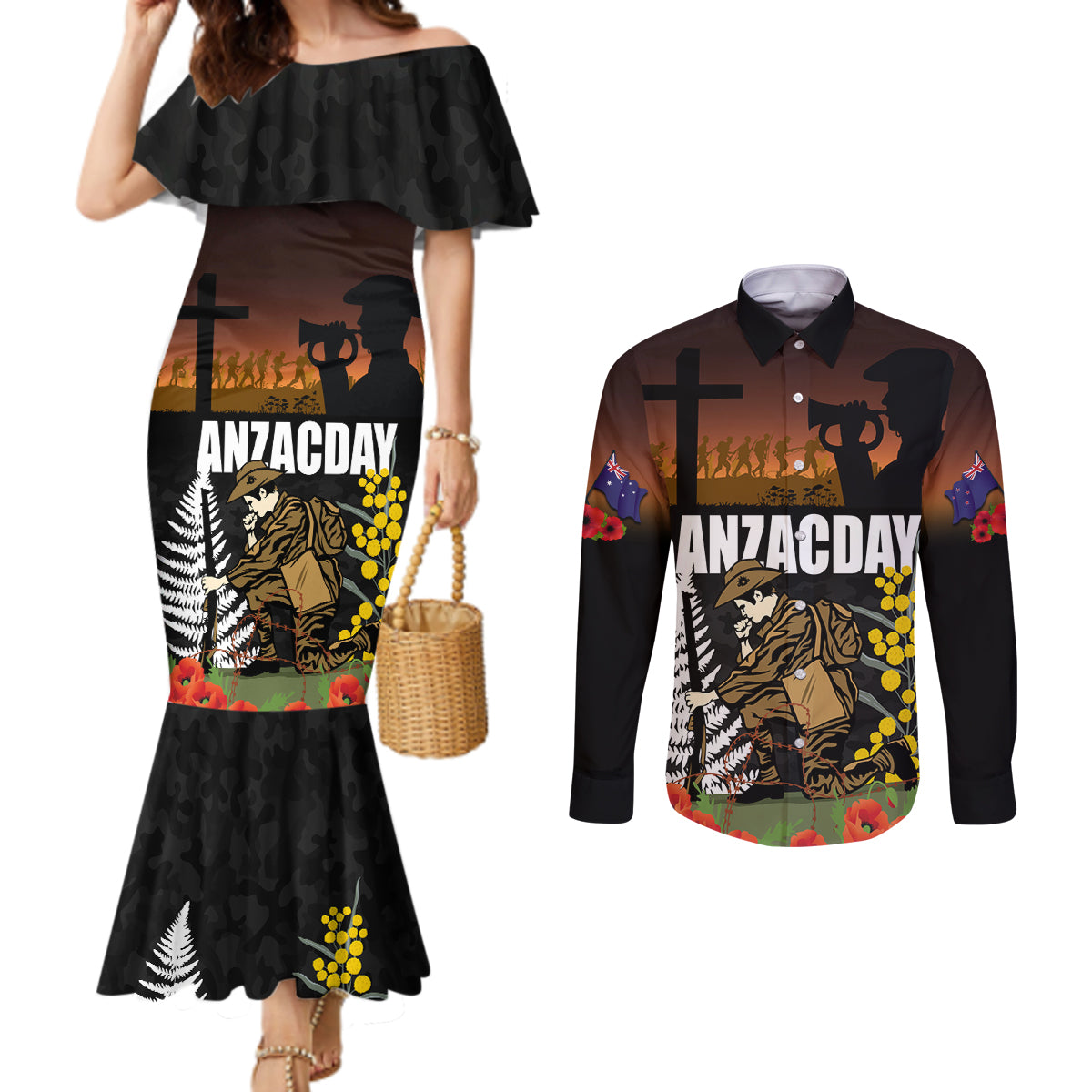 New Zealand and Australia ANZAC Day Couples Matching Mermaid Dress and Long Sleeve Button Shirt Soldier and Last Post Camouflage Pattern